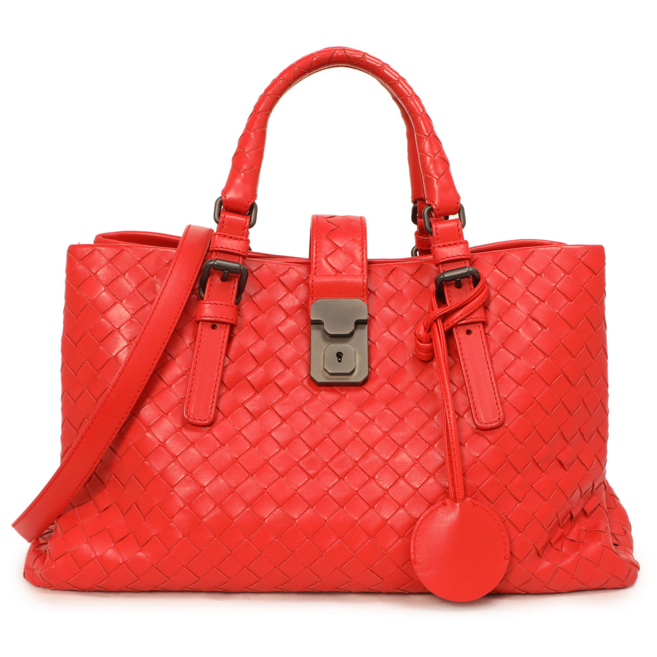 Exclusive Bottega Veneta Red Intrecciato Small Roma  Bag — Front View