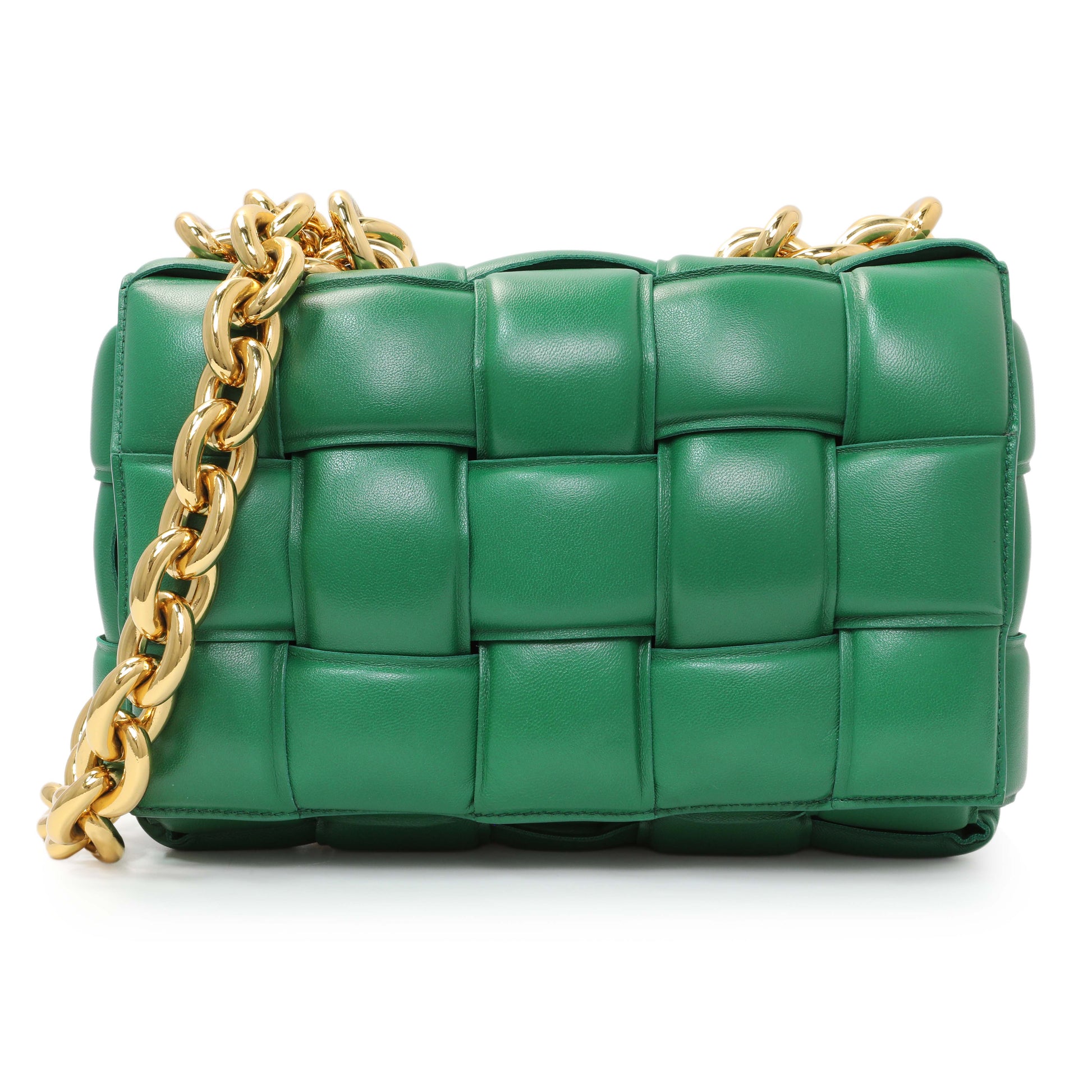Exclusive Bottega Veneta Green Lambskin Maxi Intreccio Padded Chain Cassette Crossbody Bag — Front View
