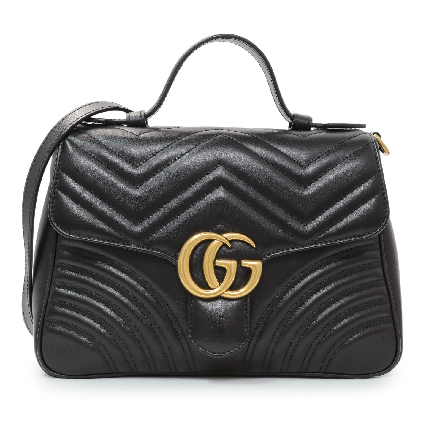 Exclusive Gucci Black Calfskin Matelasse Small GG Marmont Top Handle Shoulder Bag — Front View