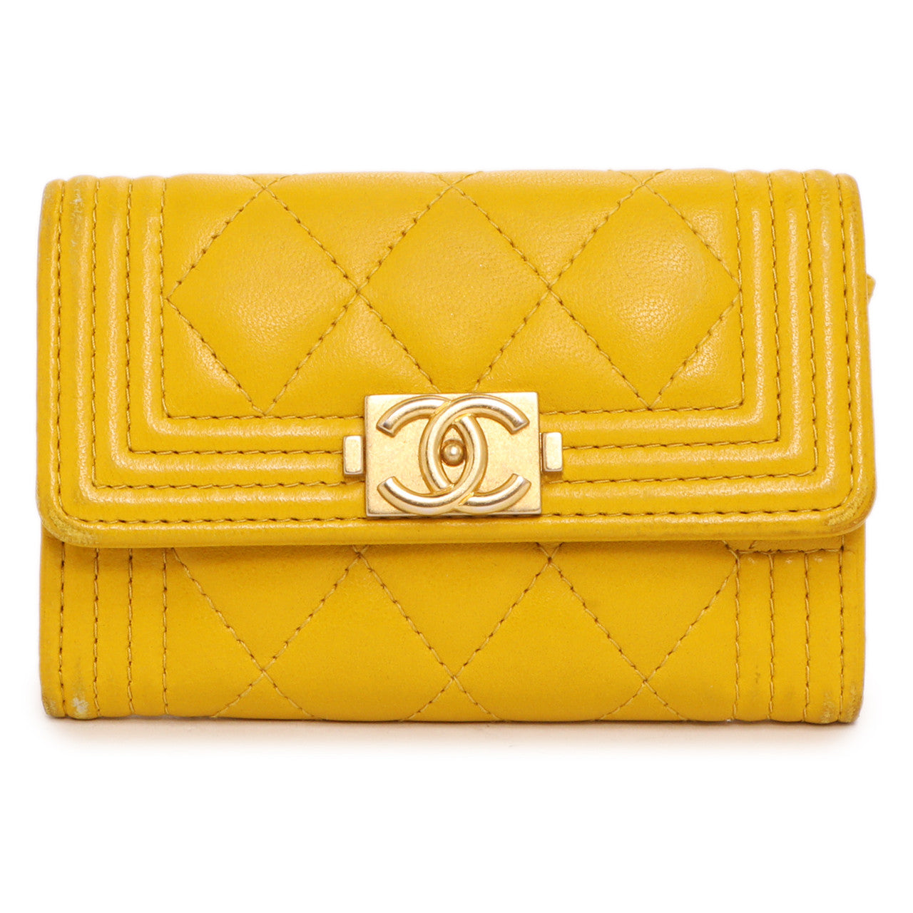 Exclusive Chanel Yellow Quilted Lambskin Boy Flap Card Holder — Front View