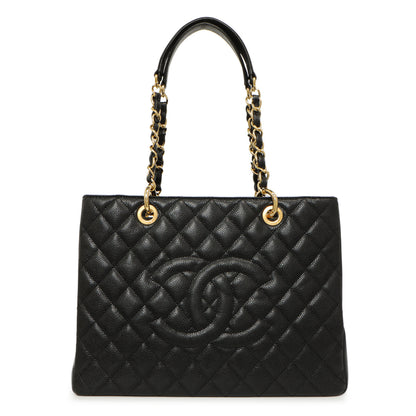 Exclusive Chanel Black Quilted Caviar Grand Shopping Tote GST — Front View
