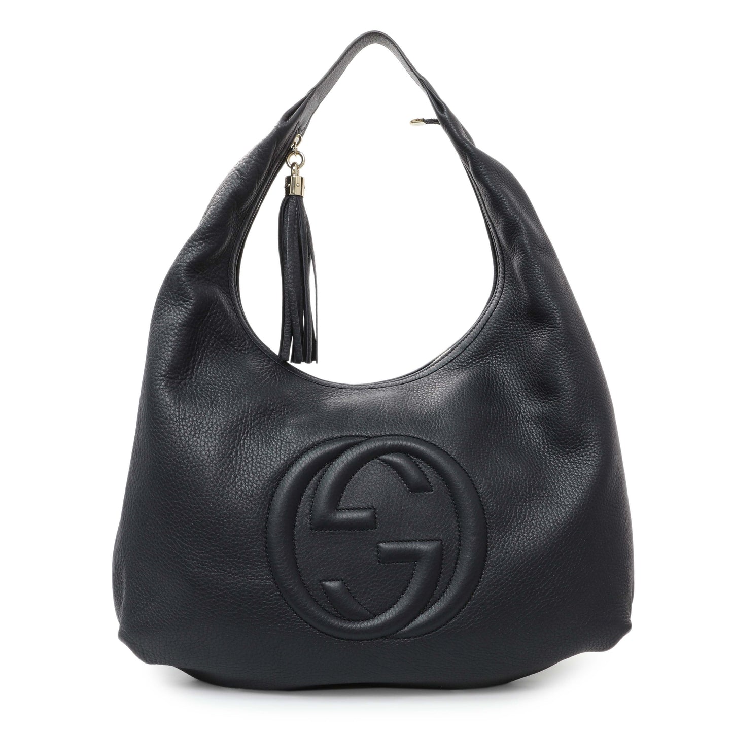 Exclusive Gucci Navy Blue Pebbled Calfskin Soho Hobo — Front View