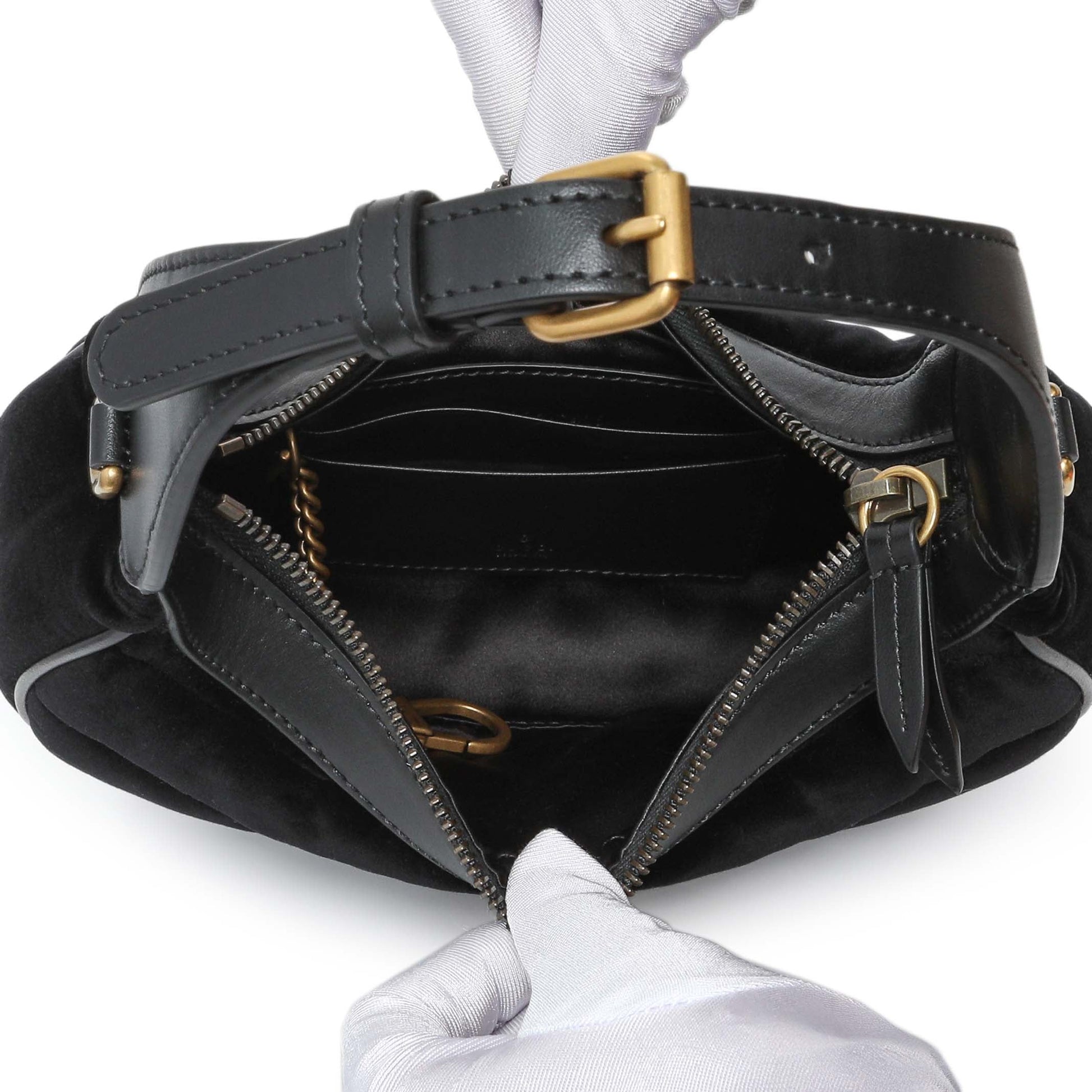 Exclusive Gucci Black Velvet Matelasse Double G Studs Marmont Half Moon Hobo — Top View