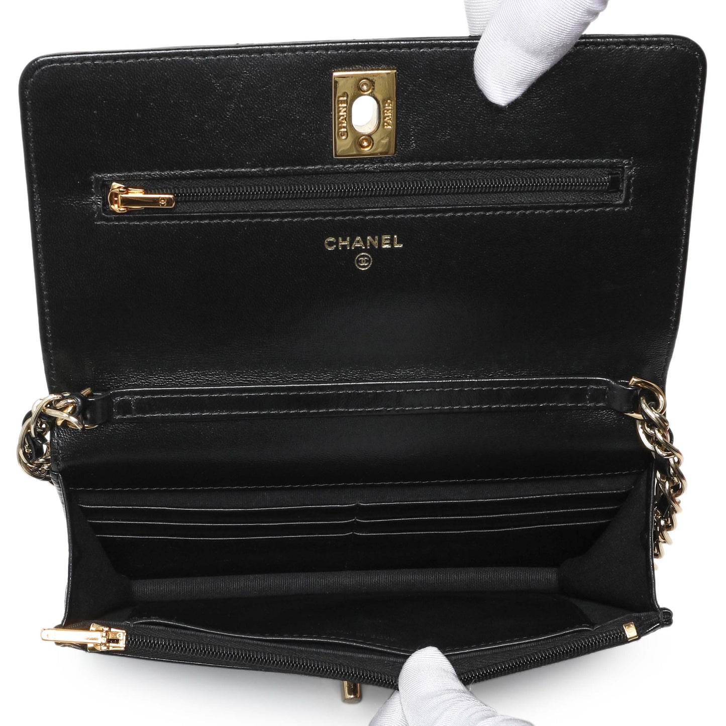 Exclusive Chanel Black Quilted Shiny Lambskin Golden Links Wallet on Chain — Alternate View 8