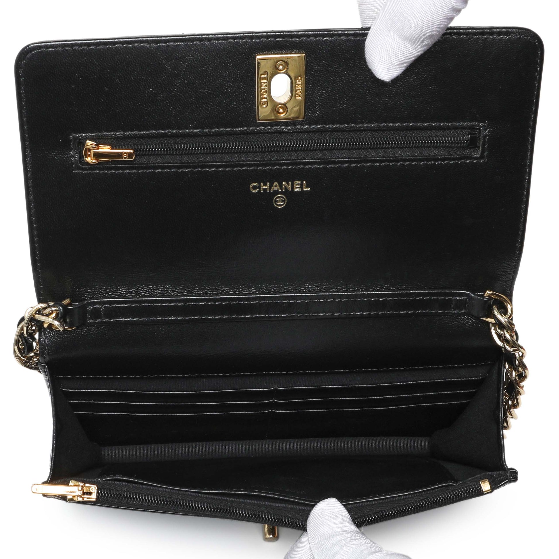 Exclusive Chanel Black Quilted Shiny Lambskin Golden Links Wallet on Chain — Alternate View 8