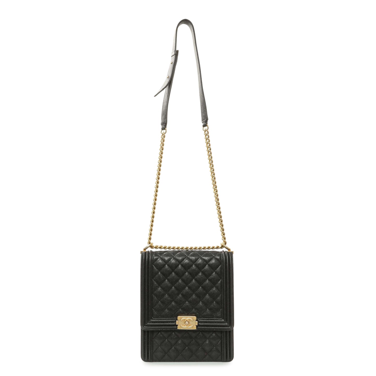 Exclusive Chanel Black Quilted Caviar North South Boy Flap — Front View
