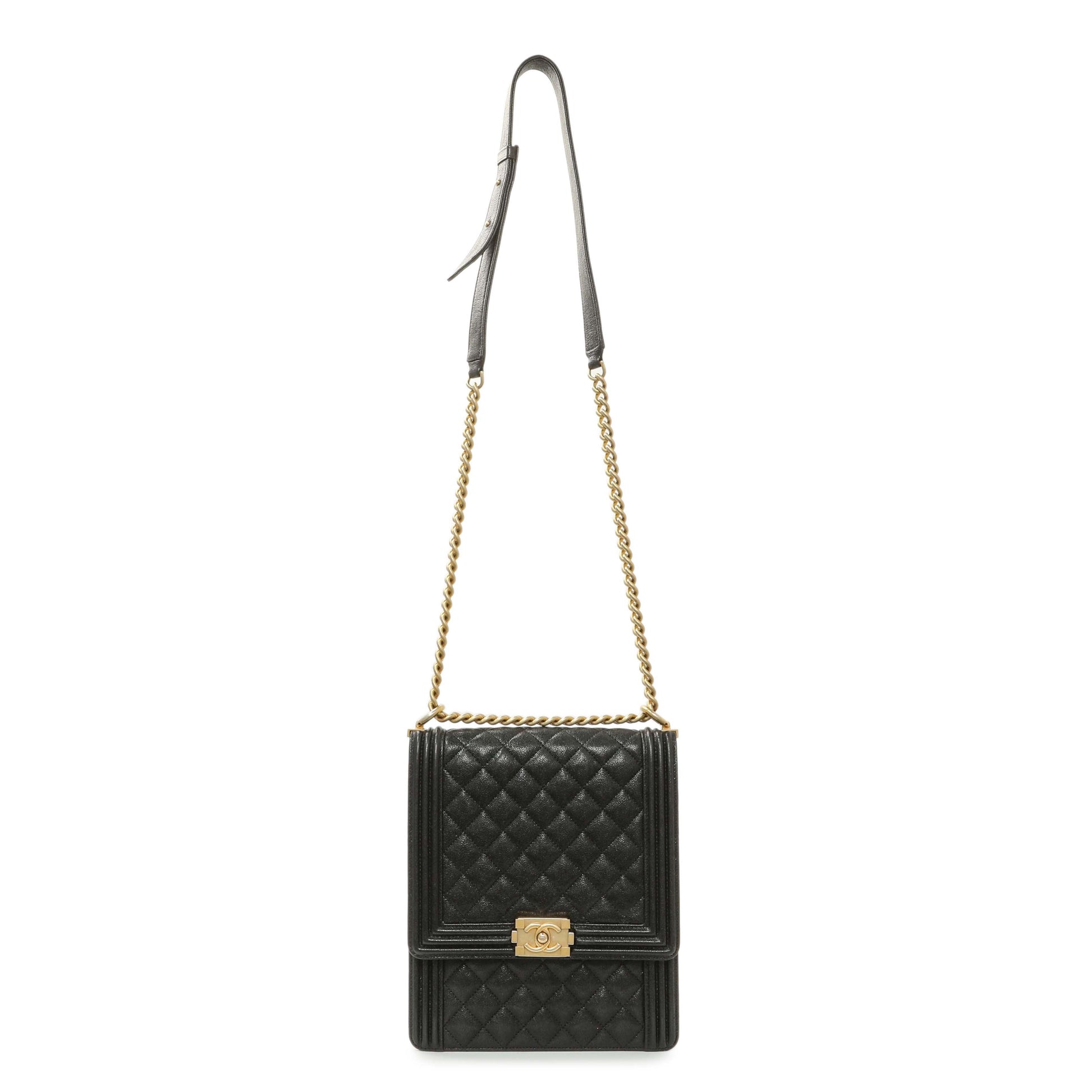 Exclusive Chanel Black Quilted Caviar North South Boy Flap — Front View