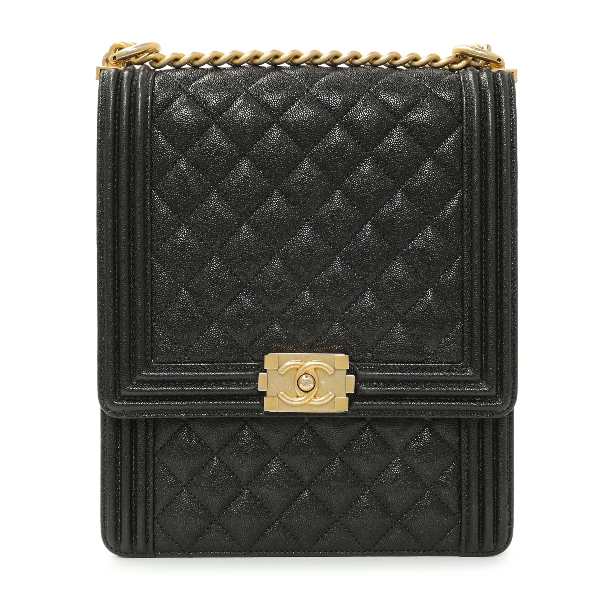 Exclusive Chanel Black Quilted Caviar North South Boy Flap — Side View