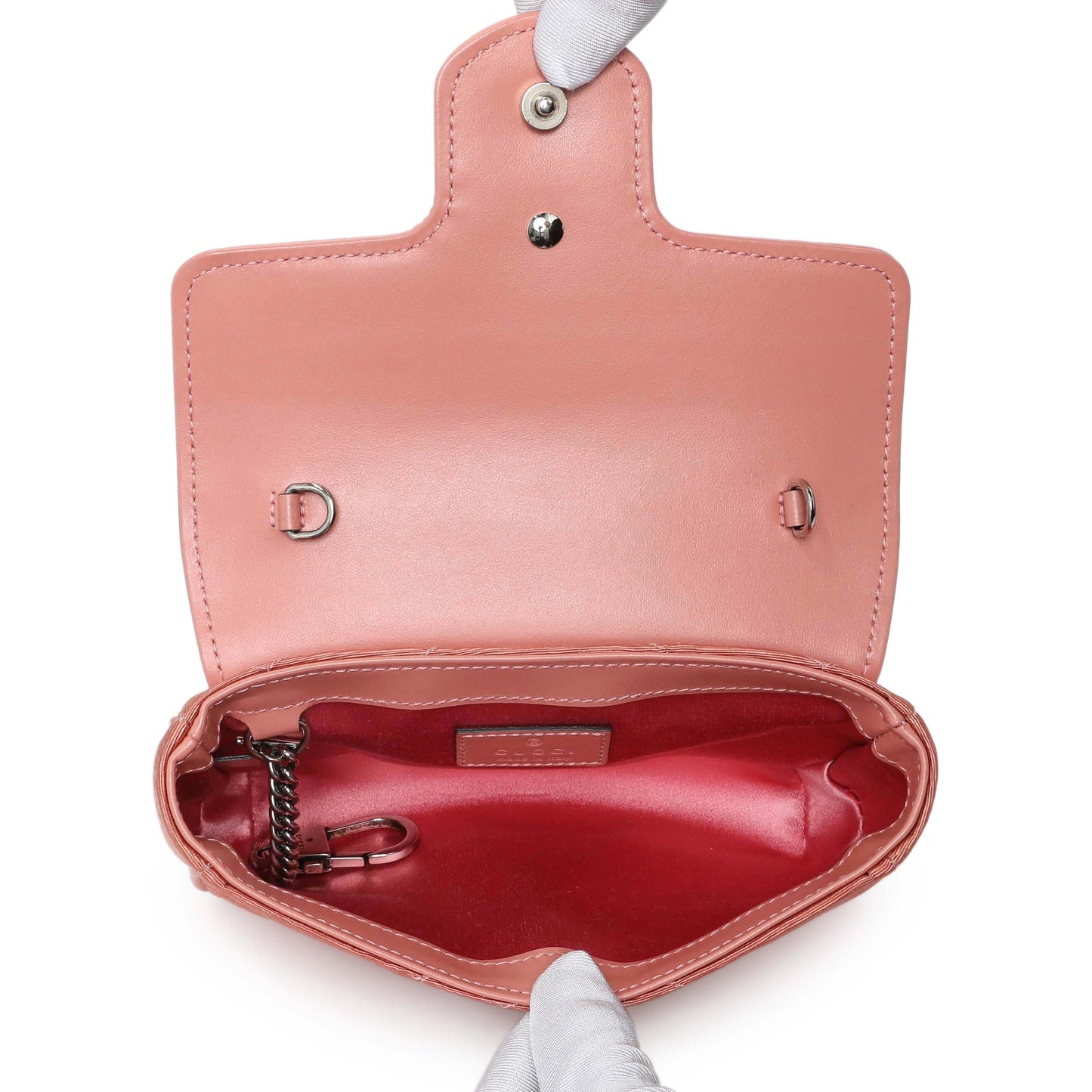 Exclusive Gucci Blush Moire Fabric Mini GG Marmont Crystal Chain Belt Bag — Top View
