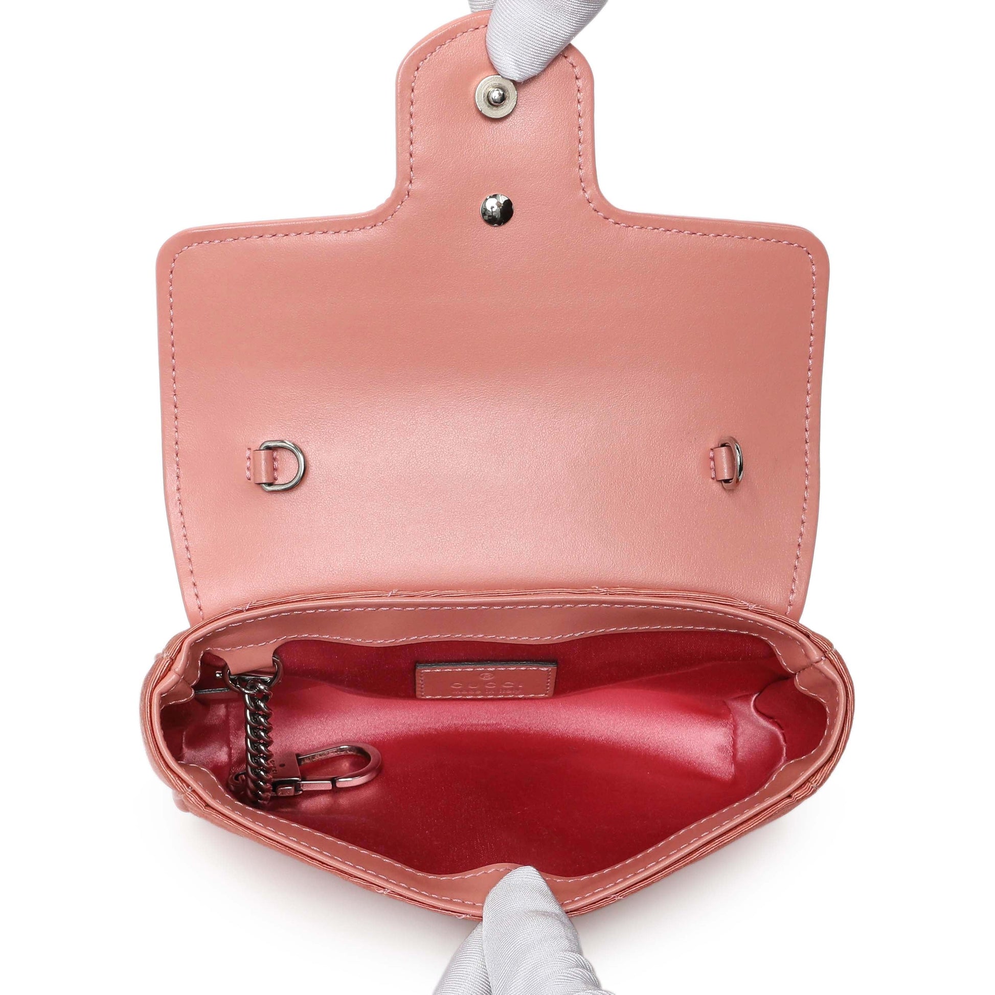 Exclusive Gucci Blush Moire Fabric Mini GG Marmont Crystal Chain Belt Bag — Top View