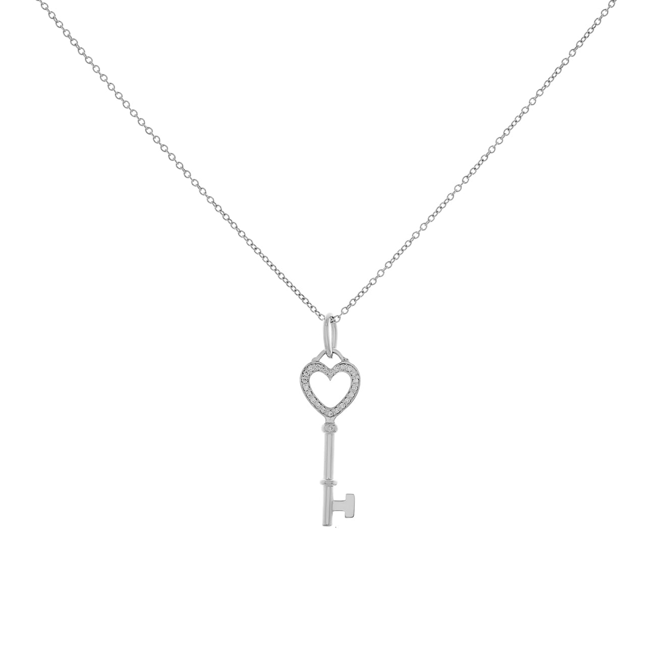 Exclusive Tiffany & Co. 18K White Gold Diamond Mini Heart Key Pendant Necklace — Front View