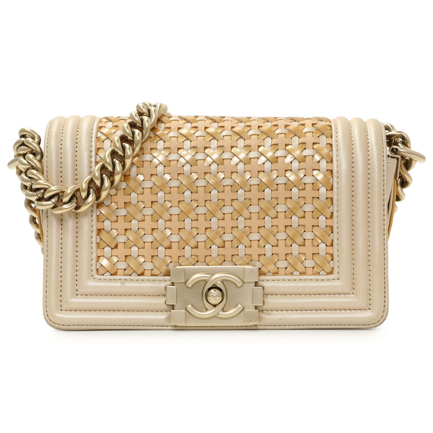 Exclusive Chanel Champagne Braided Lambskin & Patent Small Boy Bag — Front View