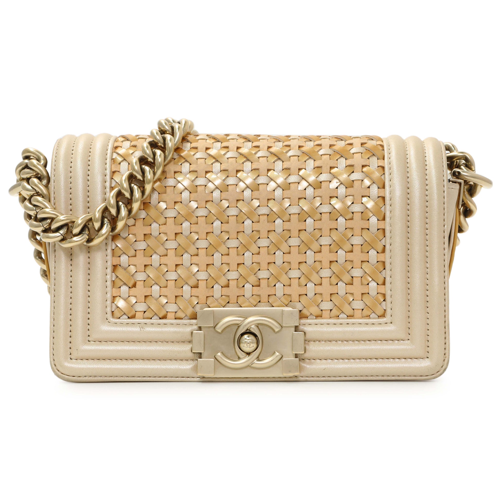 Exclusive Chanel Champagne Braided Lambskin & Patent Small Boy Bag — Front View