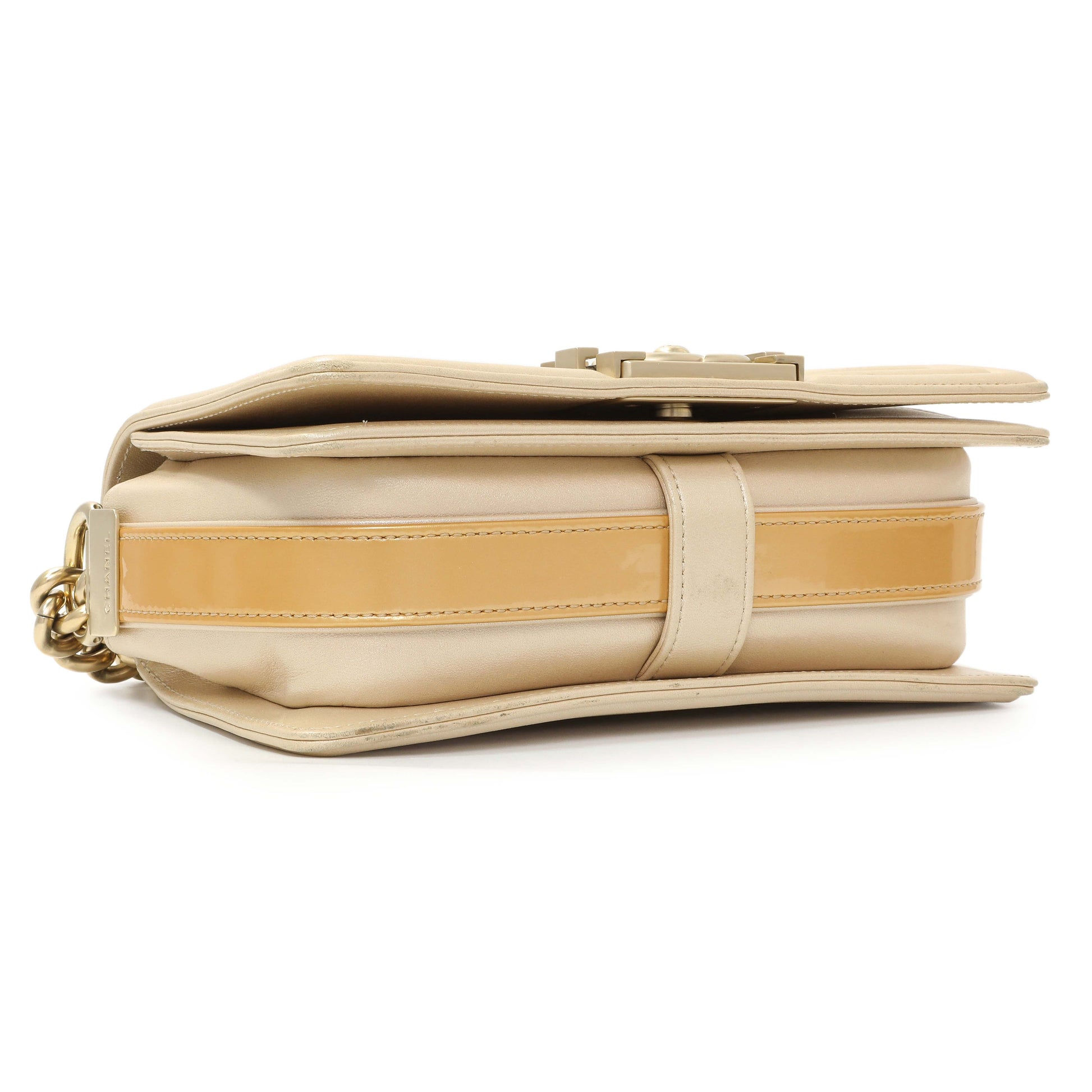 Exclusive Chanel Champagne Braided Lambskin & Patent Small Boy Bag — Back View