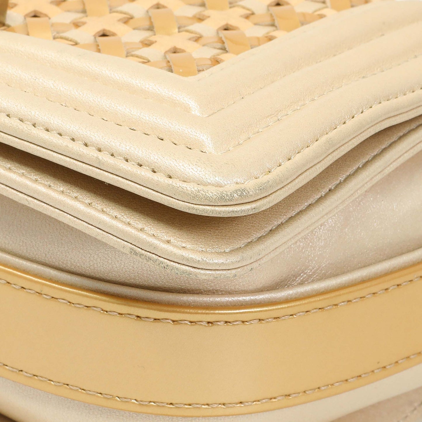 Exclusive Chanel Champagne Braided Lambskin & Patent Small Boy Bag — Detail View