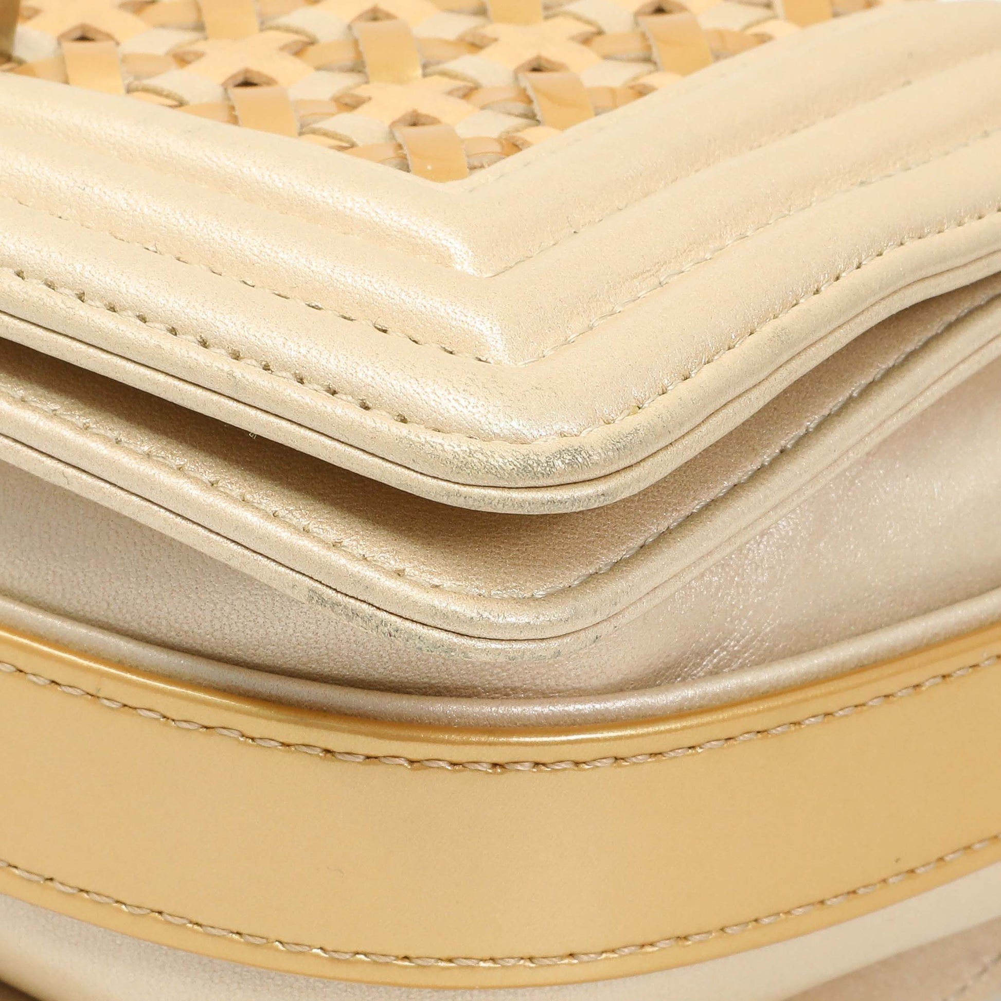 Exclusive Chanel Champagne Braided Lambskin & Patent Small Boy Bag — Detail View