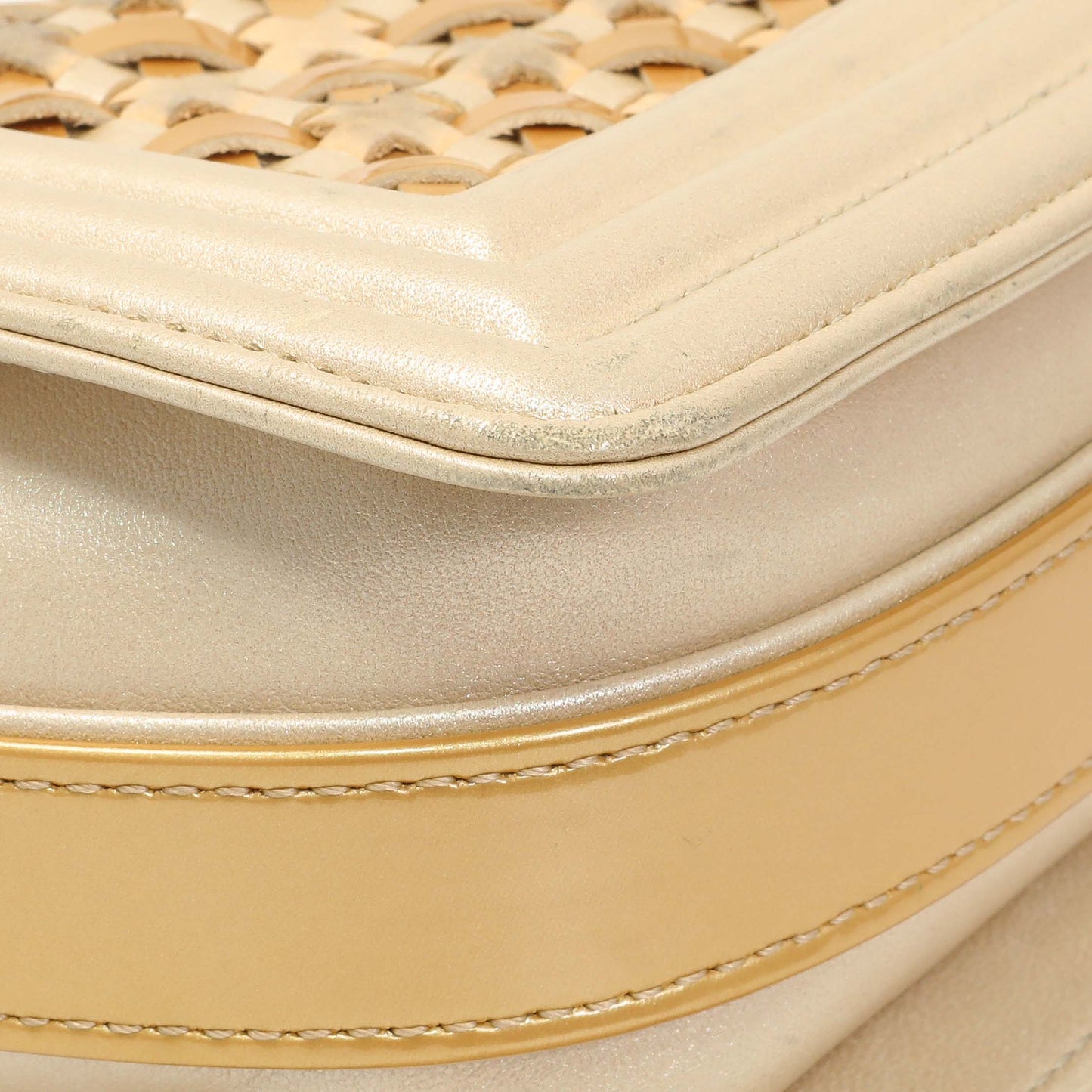 Exclusive Chanel Champagne Braided Lambskin & Patent Small Boy Bag — Lifestyle View