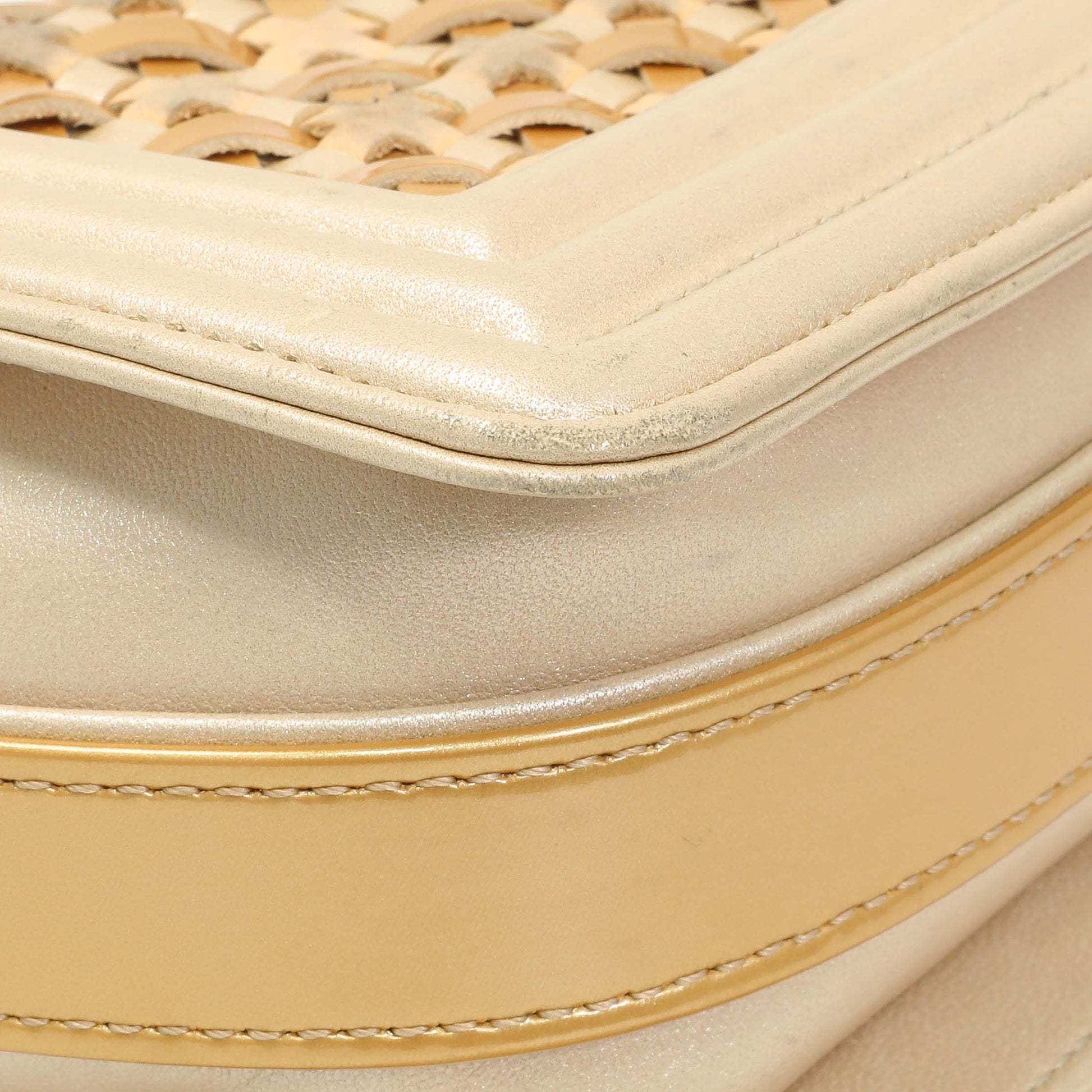 Exclusive Chanel Champagne Braided Lambskin & Patent Small Boy Bag — Lifestyle View
