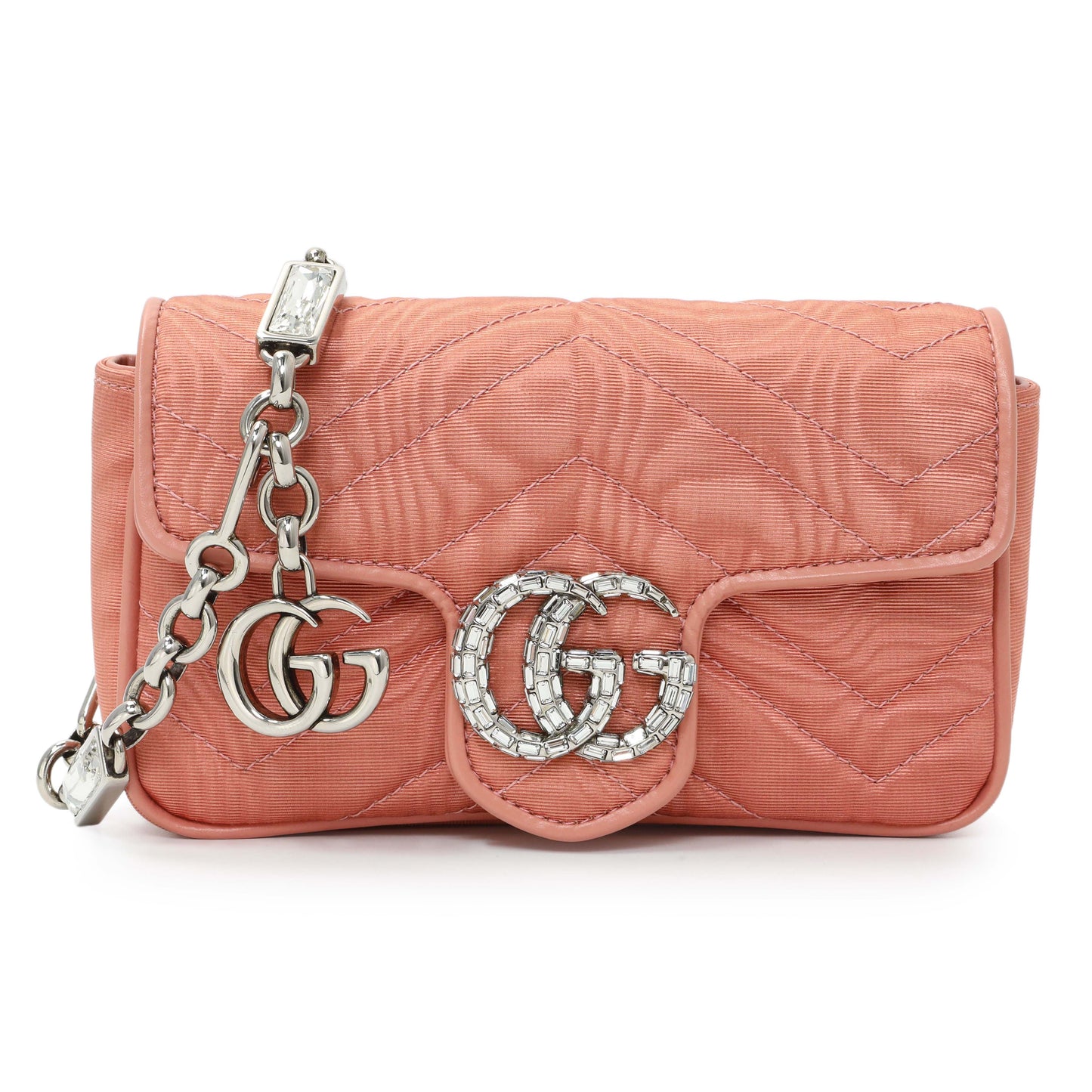 Exclusive Gucci Blush Moire Fabric Mini GG Marmont Crystal Chain Belt Bag — Front View