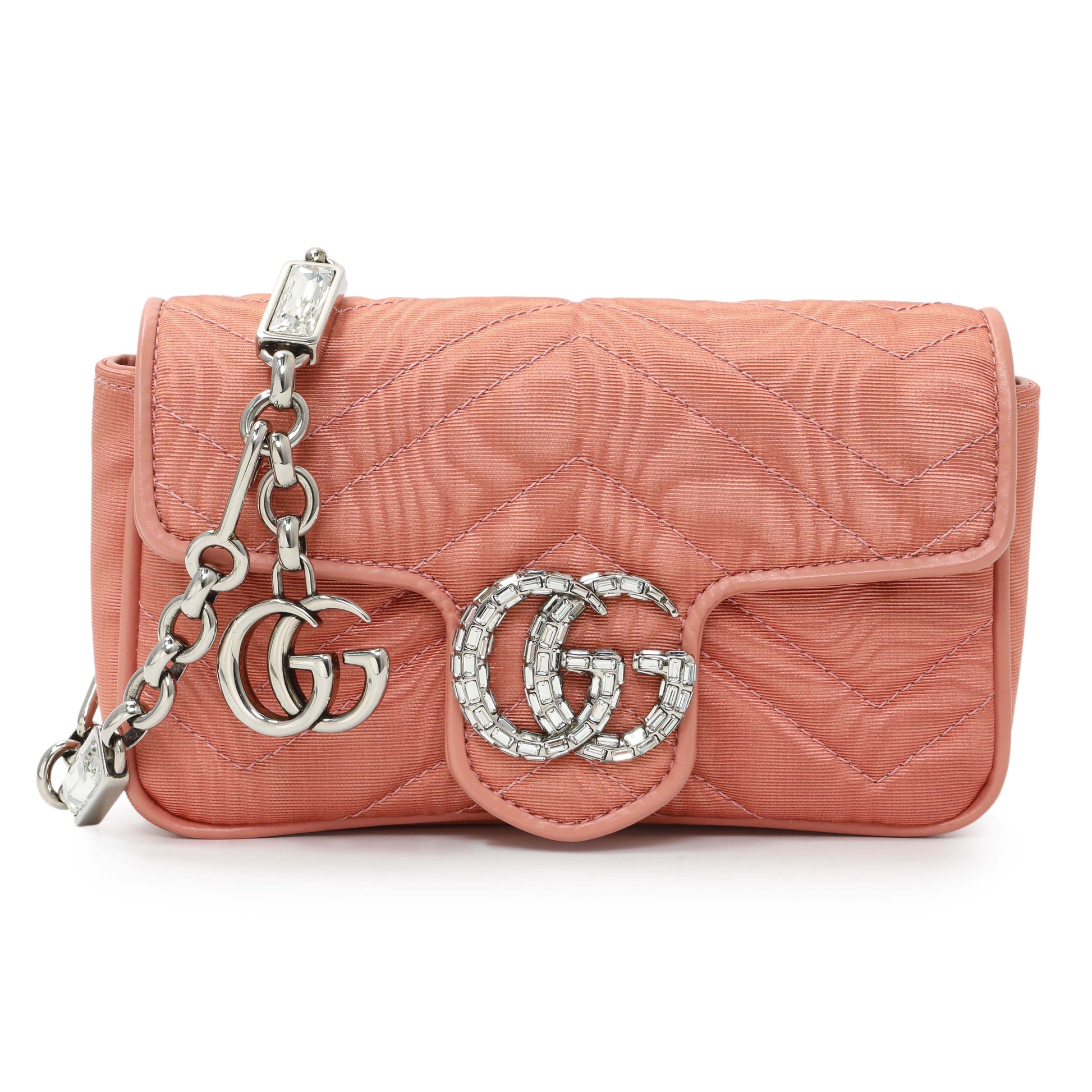 Exclusive Gucci Blush Moire Fabric Mini GG Marmont Crystal Chain Belt Bag — Front View