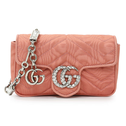 Exclusive Gucci Blush Moire Fabric Mini GG Marmont Crystal Chain Belt Bag — Front View