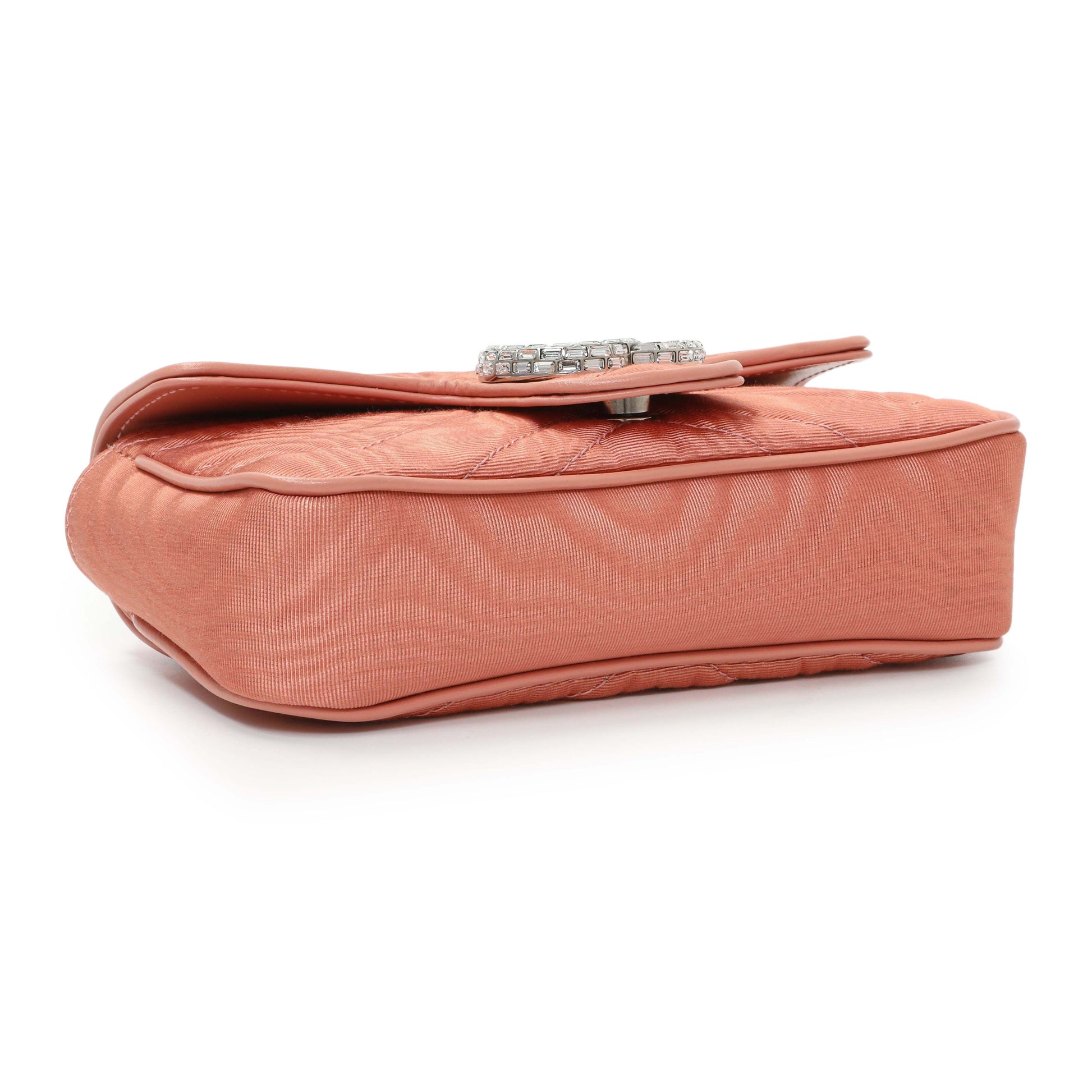 Exclusive Gucci Blush Moire Fabric Mini GG Marmont Crystal Chain Belt Bag — Back View