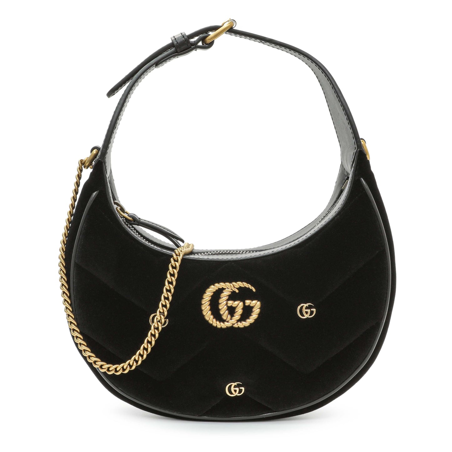 Exclusive Gucci Black Velvet Matelasse Double G Studs Marmont Half Moon Hobo — Front View