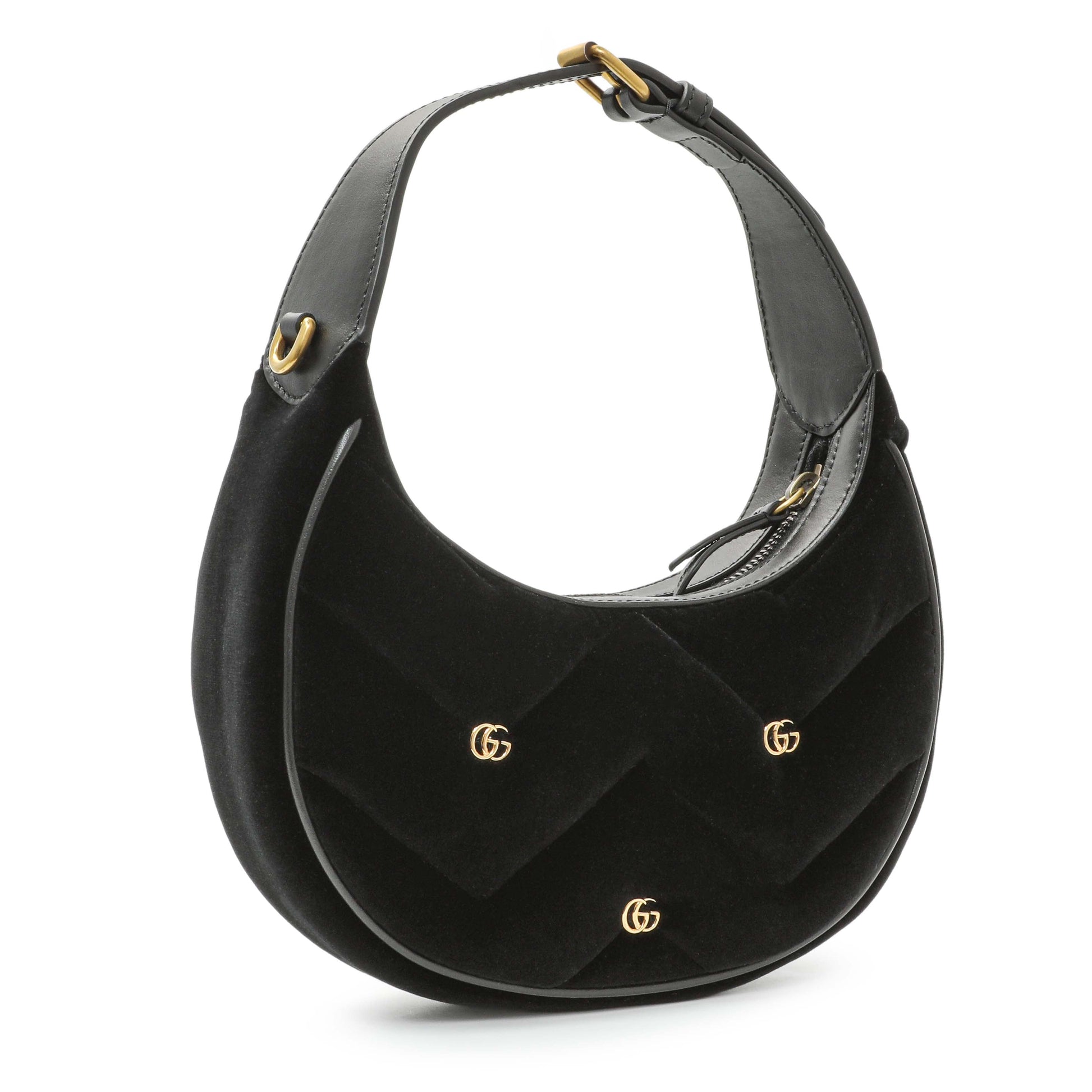 Exclusive Gucci Black Velvet Matelasse Double G Studs Marmont Half Moon Hobo — Side View