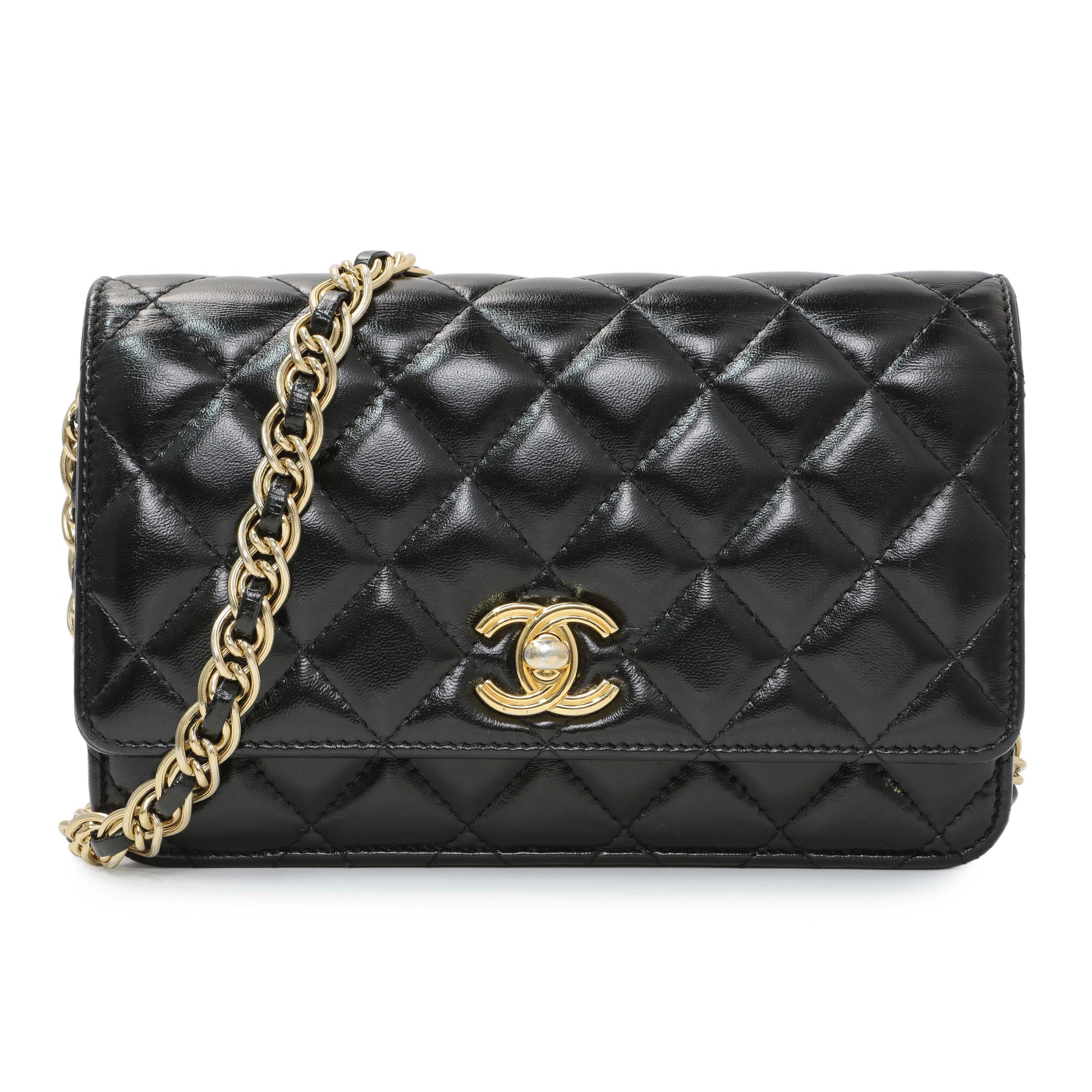 Exclusive Chanel Black Quilted Shiny Lambskin Golden Links Wallet on Chain — Front View