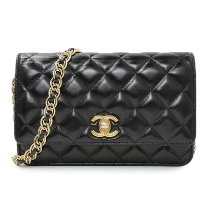 Exclusive Chanel Black Quilted Shiny Lambskin Golden Links Wallet on Chain — Front View