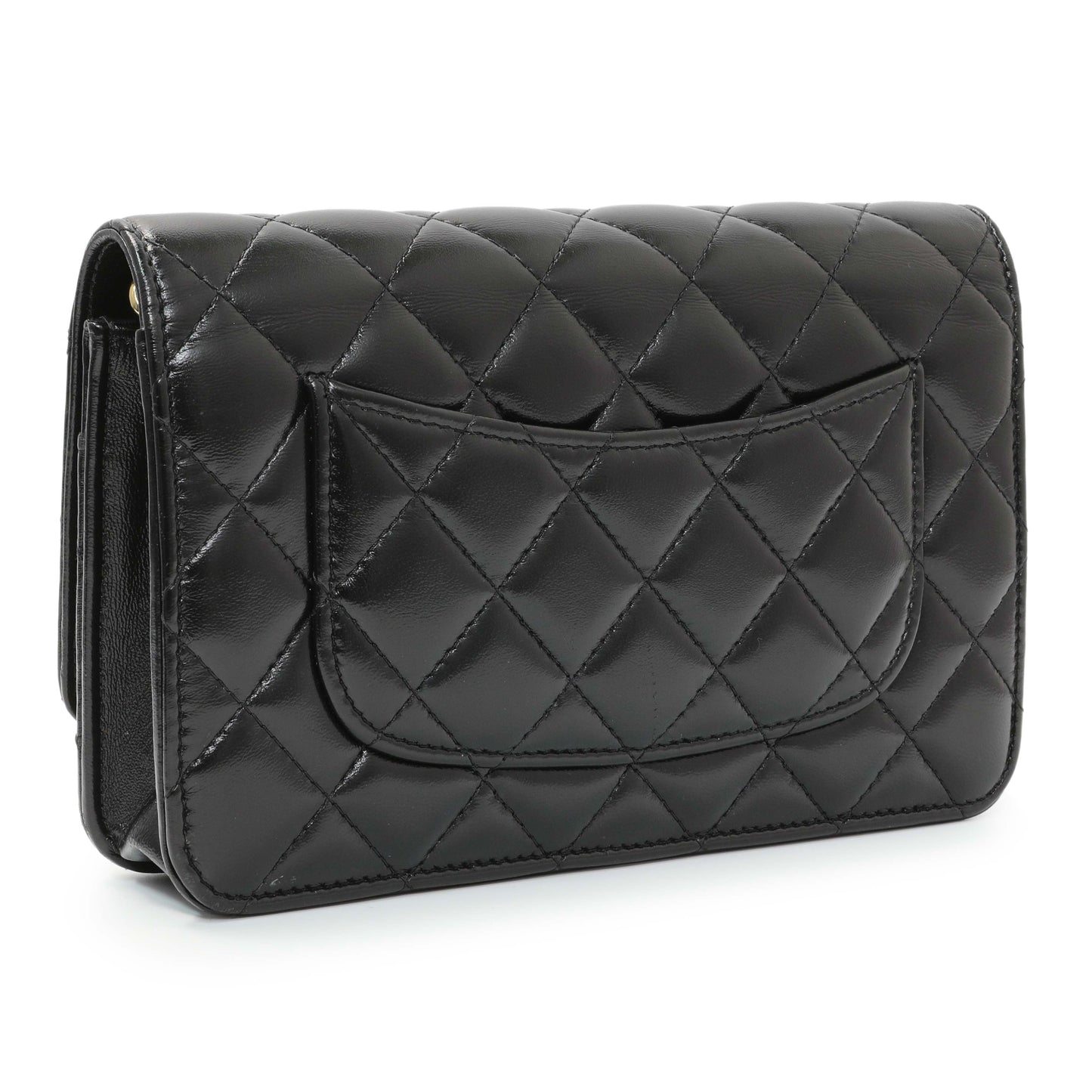 Exclusive Chanel Black Quilted Shiny Lambskin Golden Links Wallet on Chain — Side View