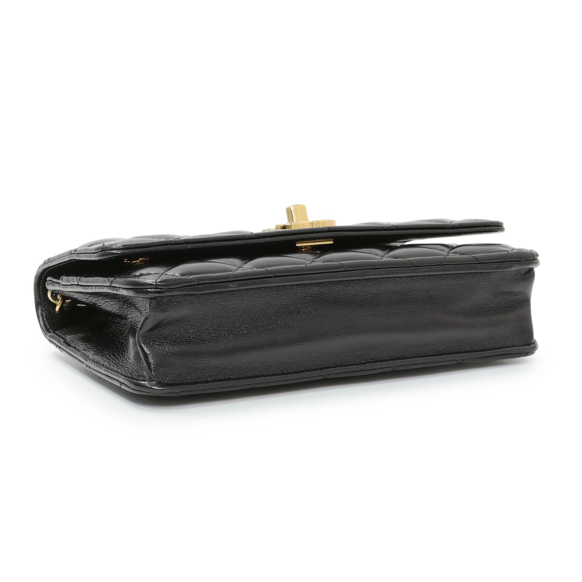 Exclusive Chanel Black Quilted Shiny Lambskin Golden Links Wallet on Chain — Back View