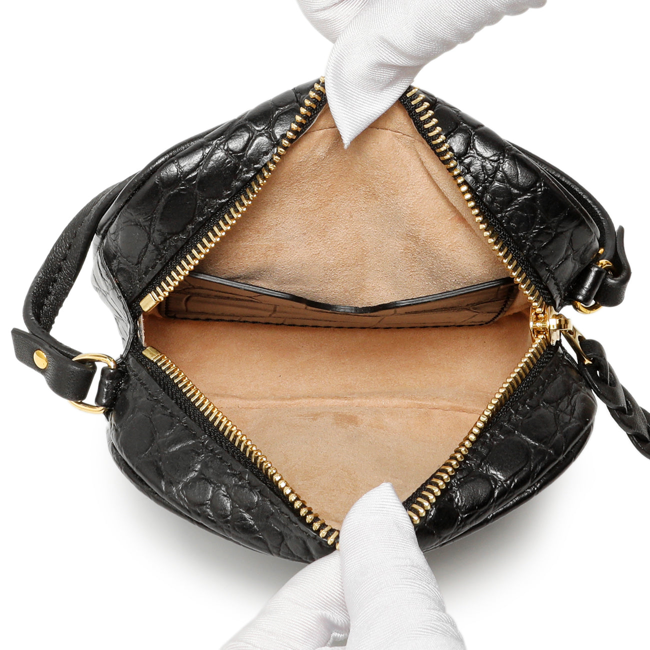 Exclusive Alexander McQueen Black Calfskin Crocodile-Embossed Mini Camera Shoulder Bag — Detail View