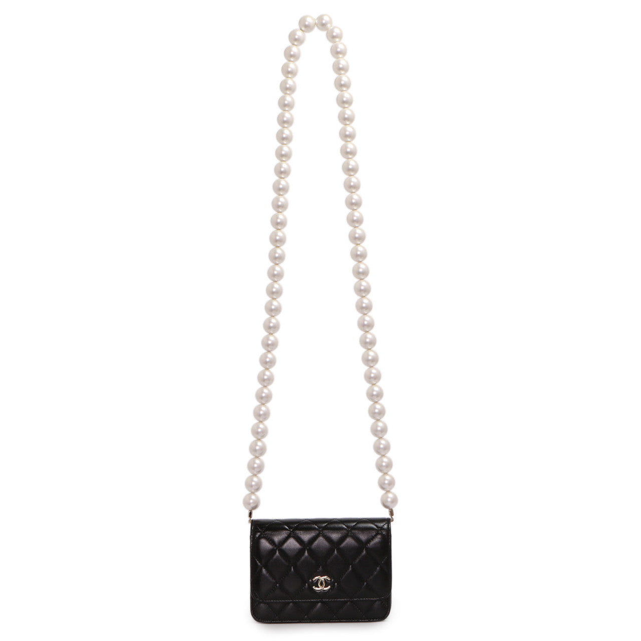 Exclusive Chanel Black Quilted Calfskin Mini Maxi Pearls Wallet On Chain WOC — Front View