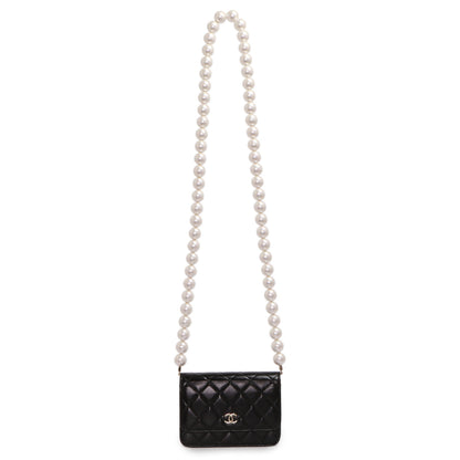 Exclusive Chanel Black Quilted Calfskin Mini Maxi Pearls Wallet On Chain WOC — Front View