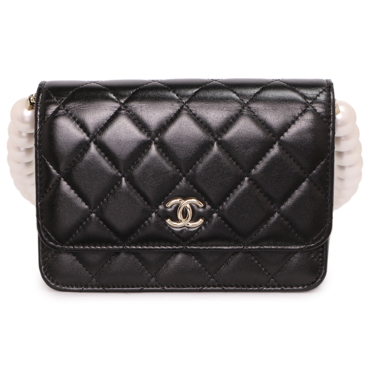 Exclusive Chanel Black Quilted Calfskin Mini Maxi Pearls Wallet On Chain WOC — Side View