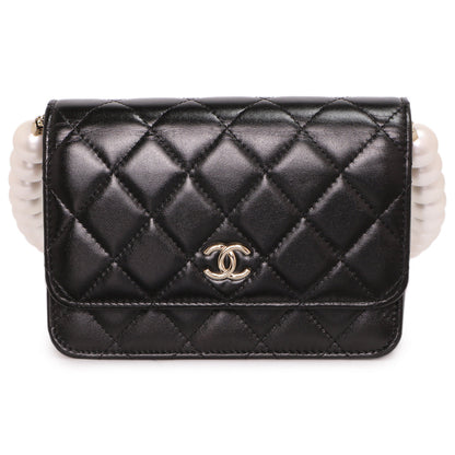 Exclusive Chanel Black Quilted Calfskin Mini Maxi Pearls Wallet On Chain WOC — Side View