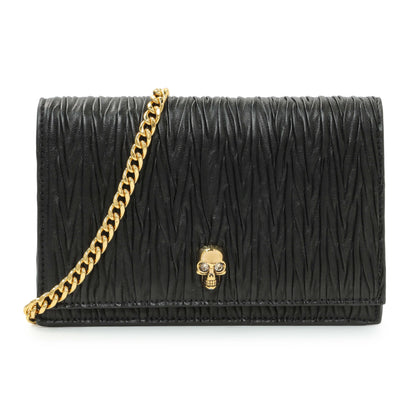 Exclusive Alexander McQueen Black Pleated Skull Mini Crossbody Bag — Front View