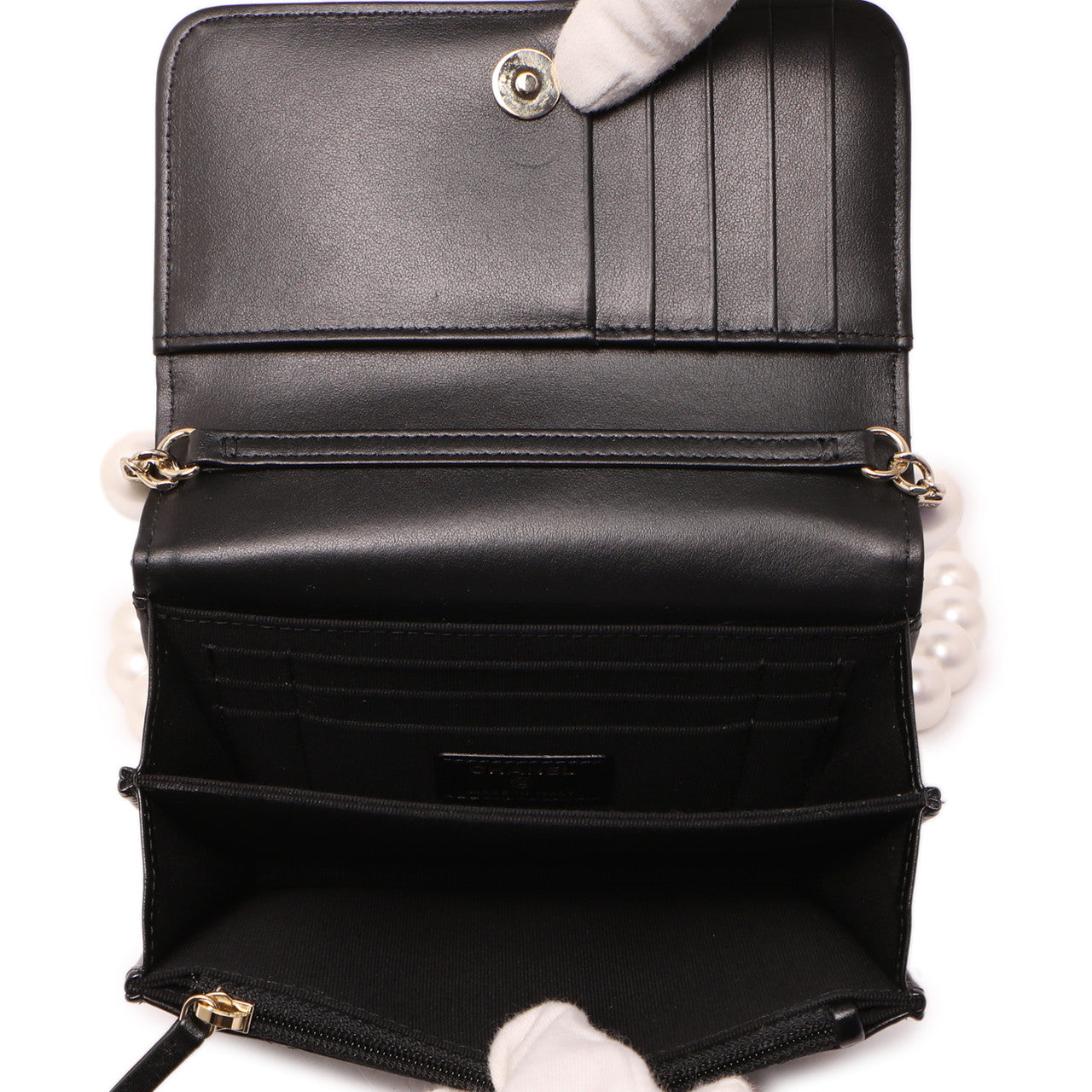 Exclusive Chanel Black Quilted Calfskin Mini Maxi Pearls Wallet On Chain WOC — Detail View