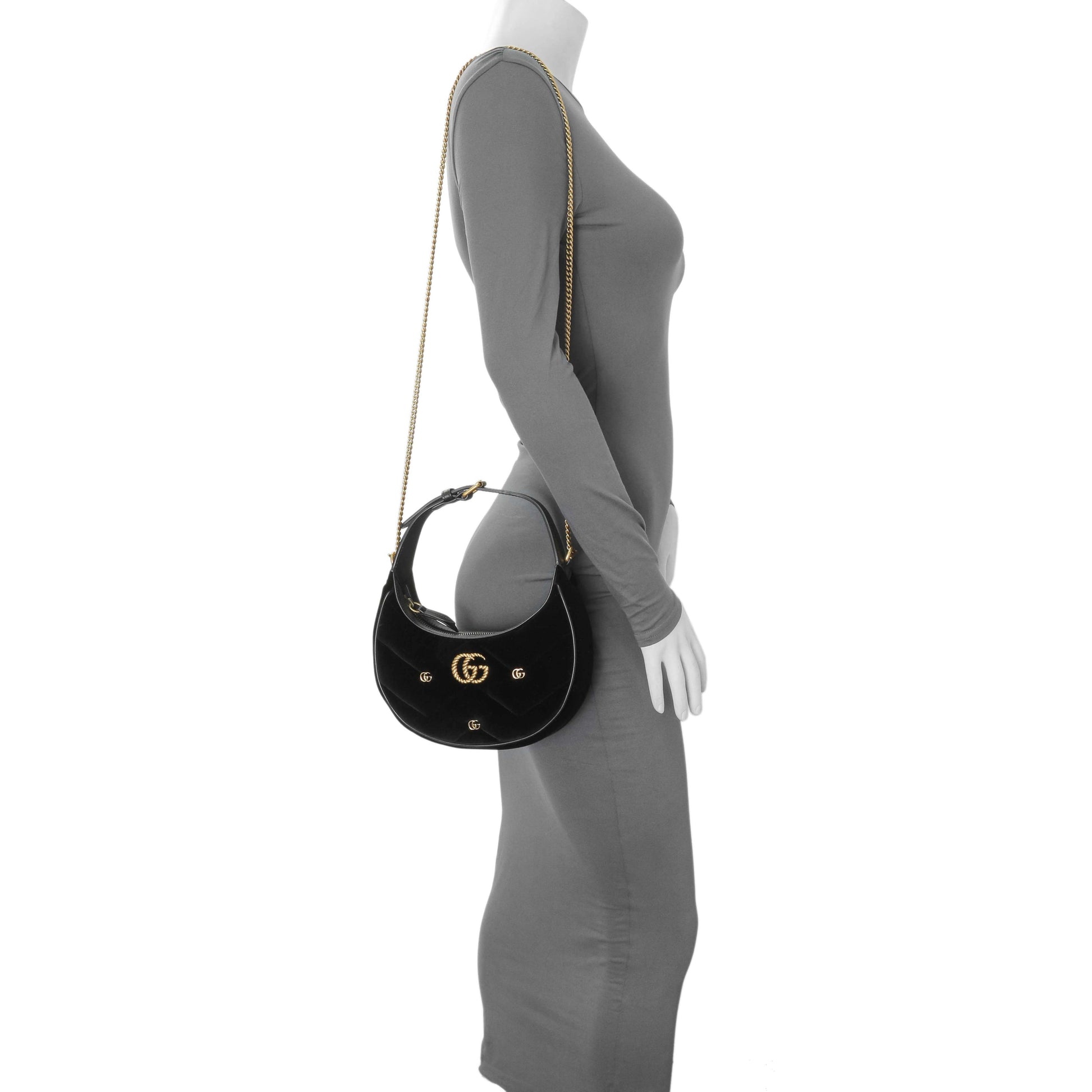 Exclusive Gucci Black Velvet Matelasse Double G Studs Marmont Half Moon Hobo — Alternate View 7