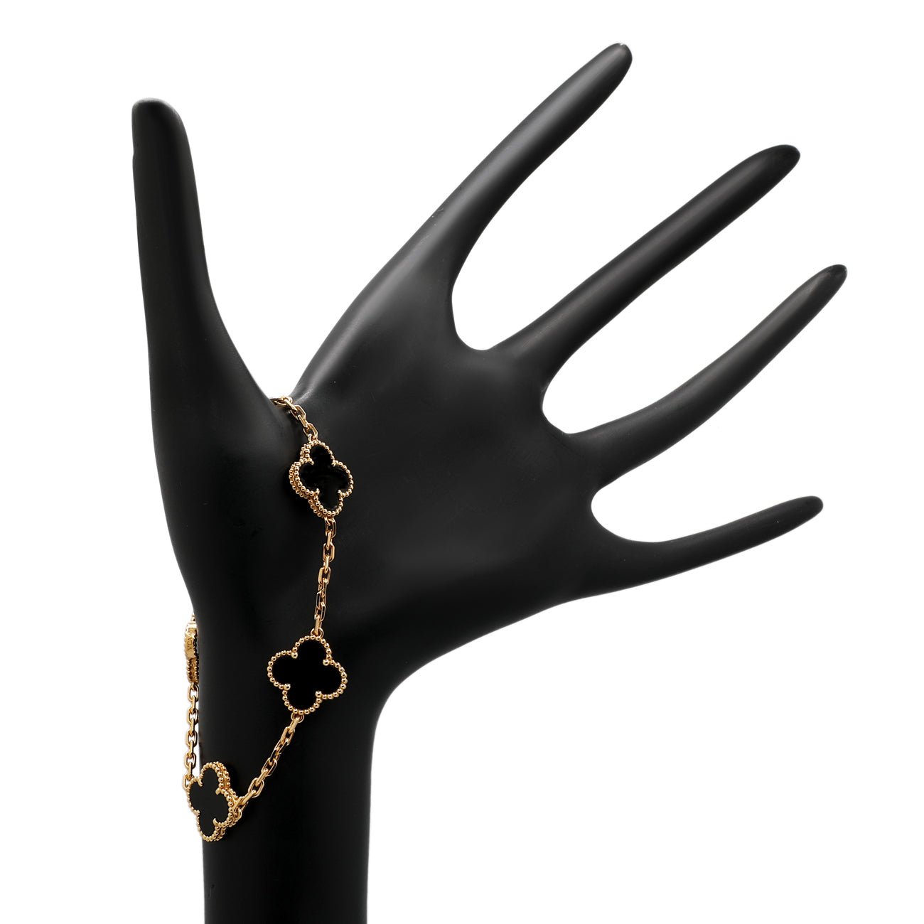 Exclusive Van Cleef & Arpels 18K Yellow Gold Onyx 5 Motifs Vintage Alhambra Bracelet — Top View