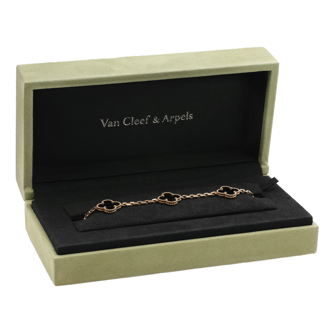 Exclusive Van Cleef & Arpels 18K Yellow Gold Onyx 5 Motifs Vintage Alhambra Bracelet — Detail View