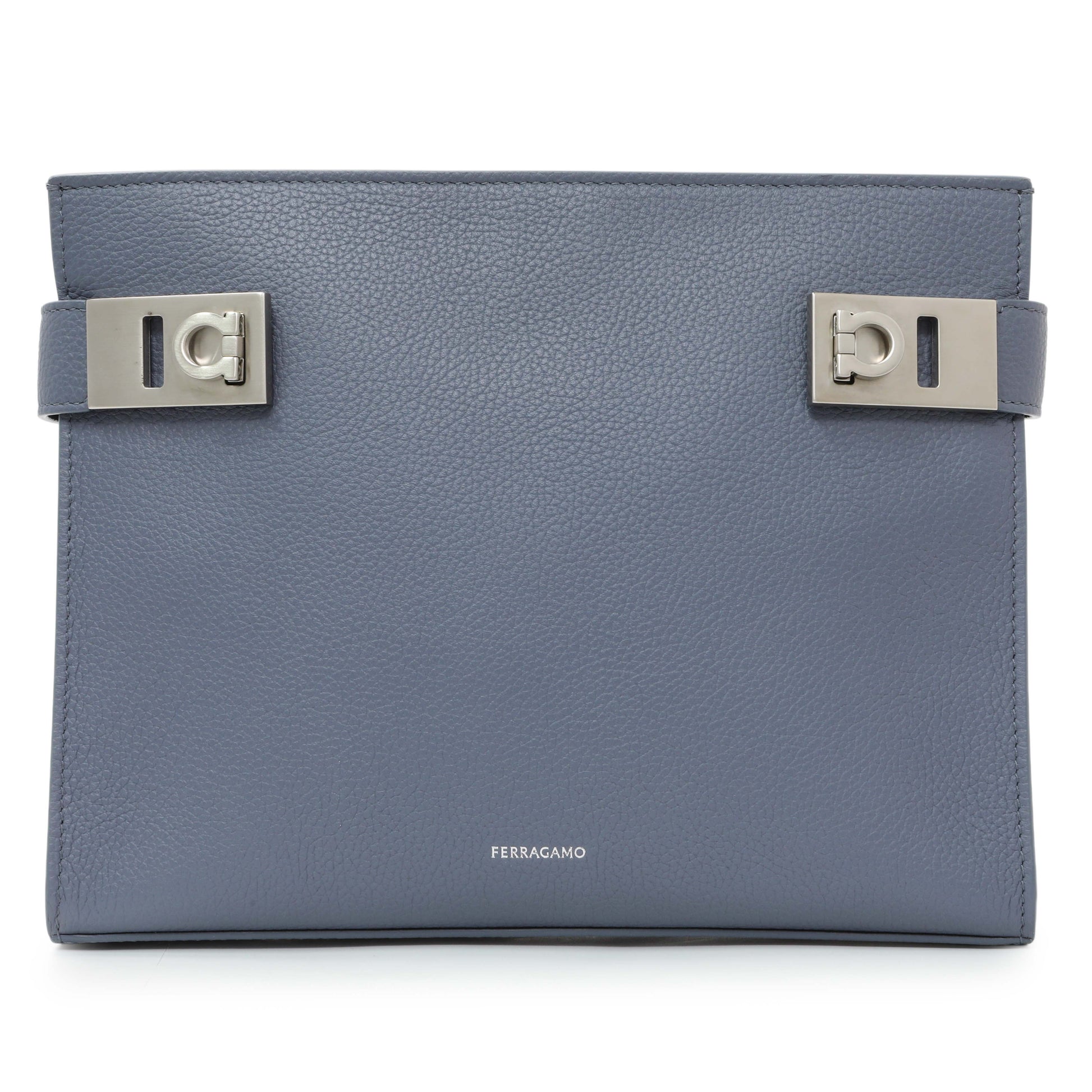 Exclusive Salvatore Ferragamo Blue Twin Pouch with Gancini Buckles — Front View