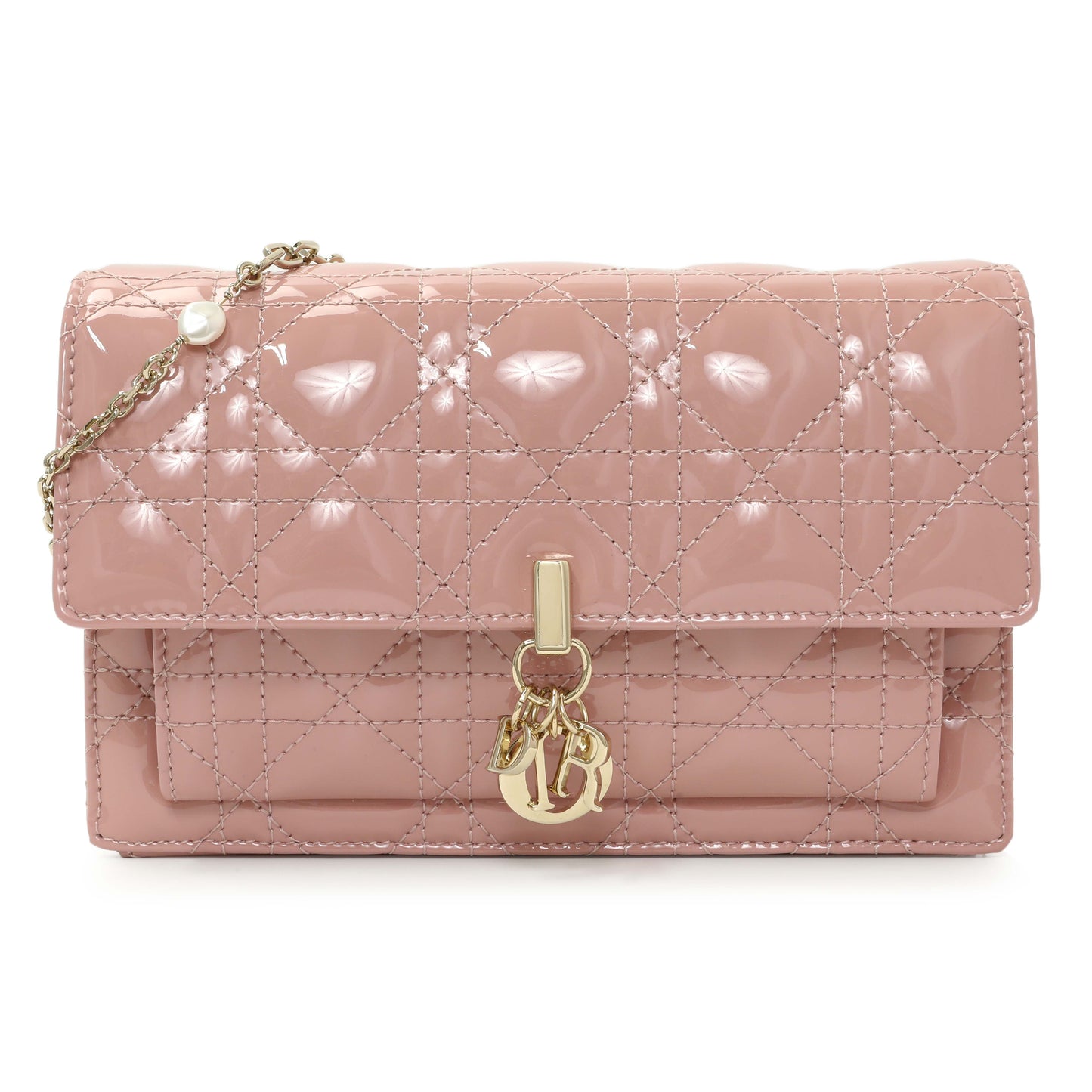Exclusive Christian Dior Dusty Pink Patent Cannage My Dior Daily Chain Pouch — Front View