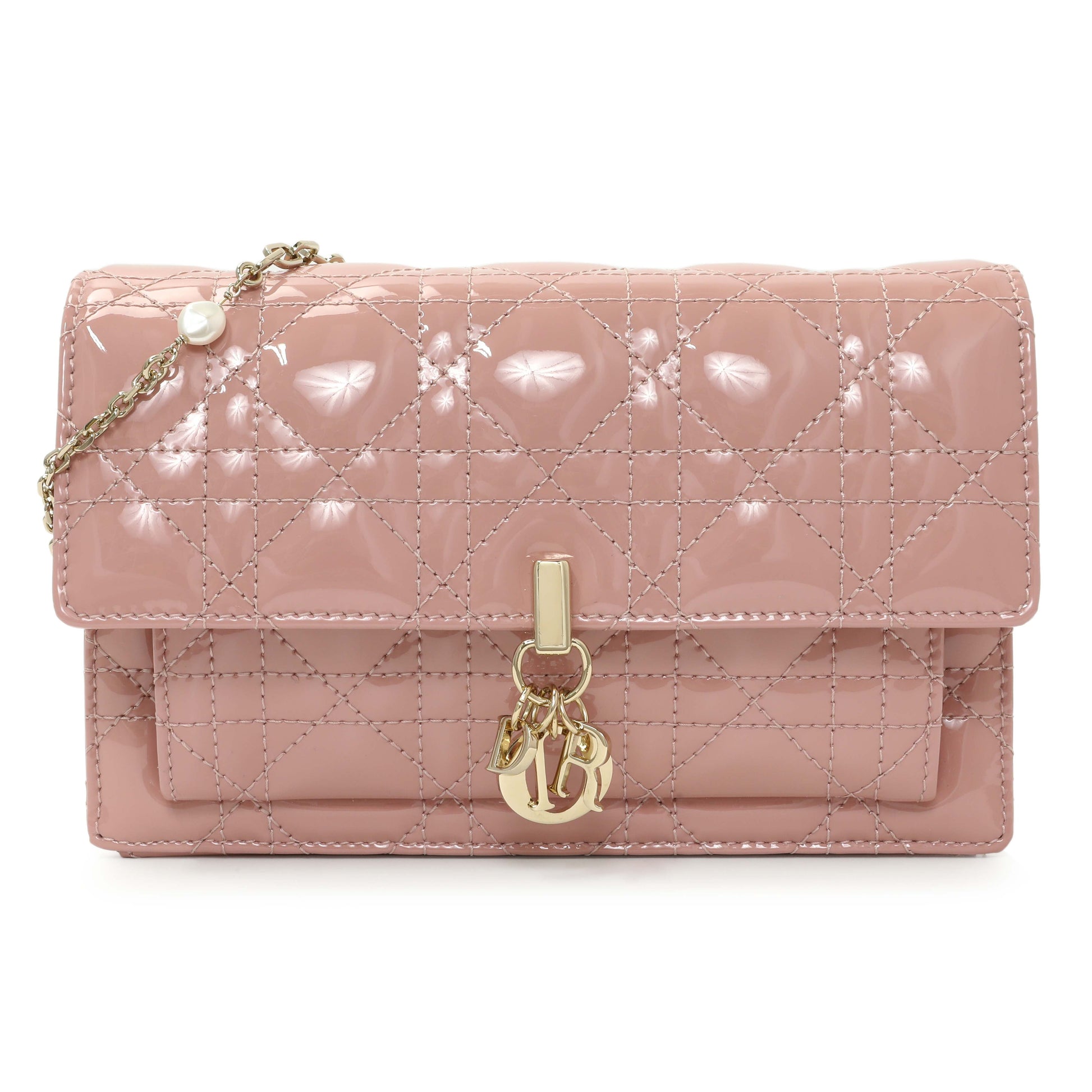 Exclusive Christian Dior Dusty Pink Patent Cannage My Dior Daily Chain Pouch — Front View