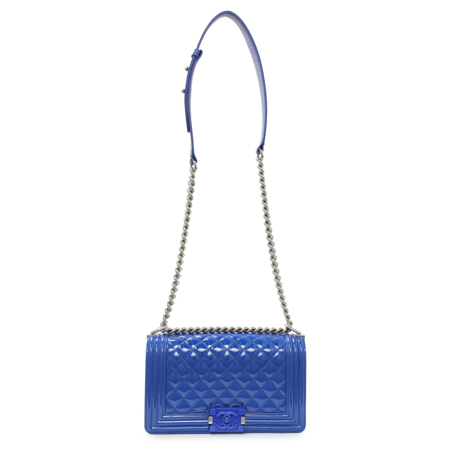 Exclusive Chanel Blue Quilted Patent Medium Plexiglass Boy Flap — Front View