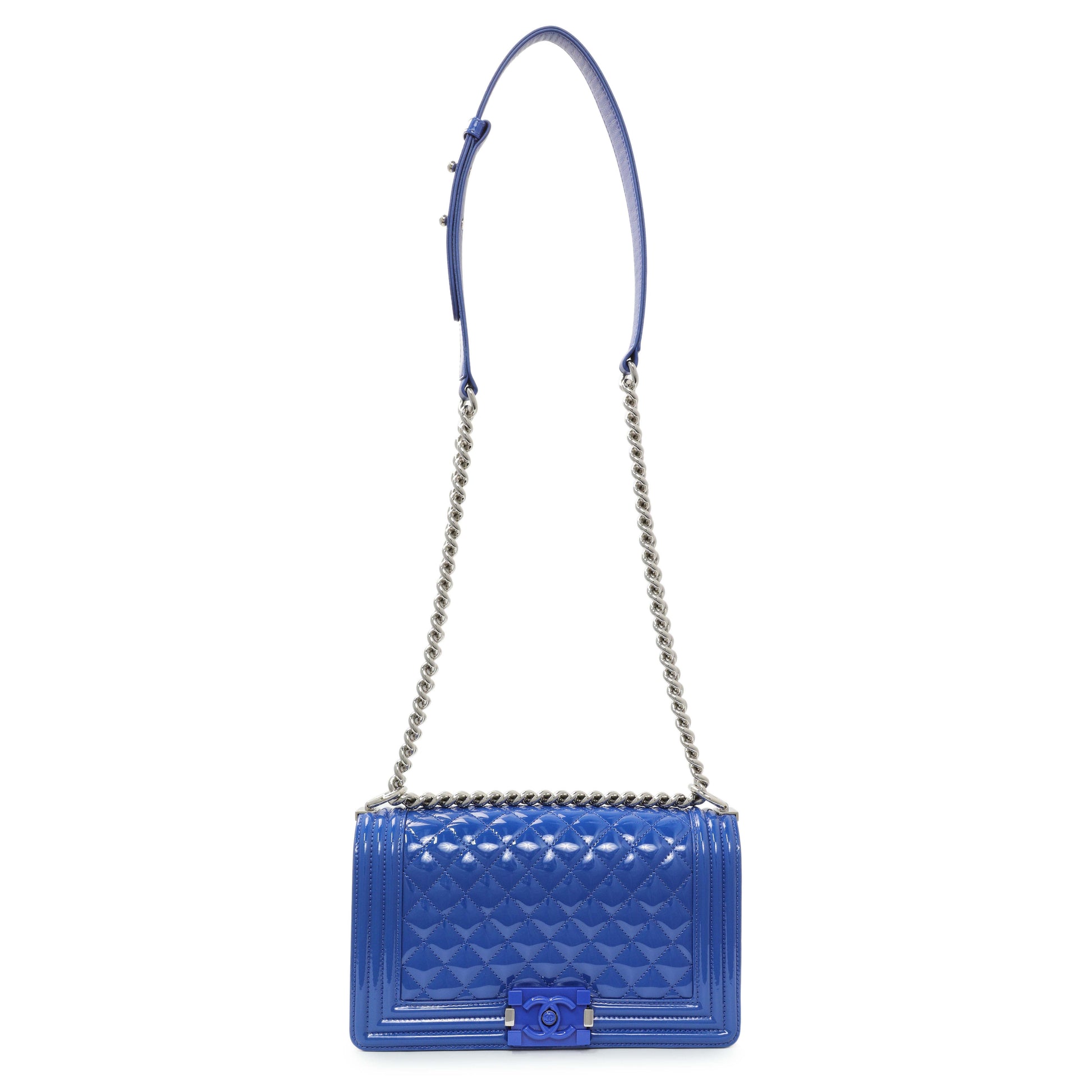 Exclusive Chanel Blue Quilted Patent Medium Plexiglass Boy Flap — Front View
