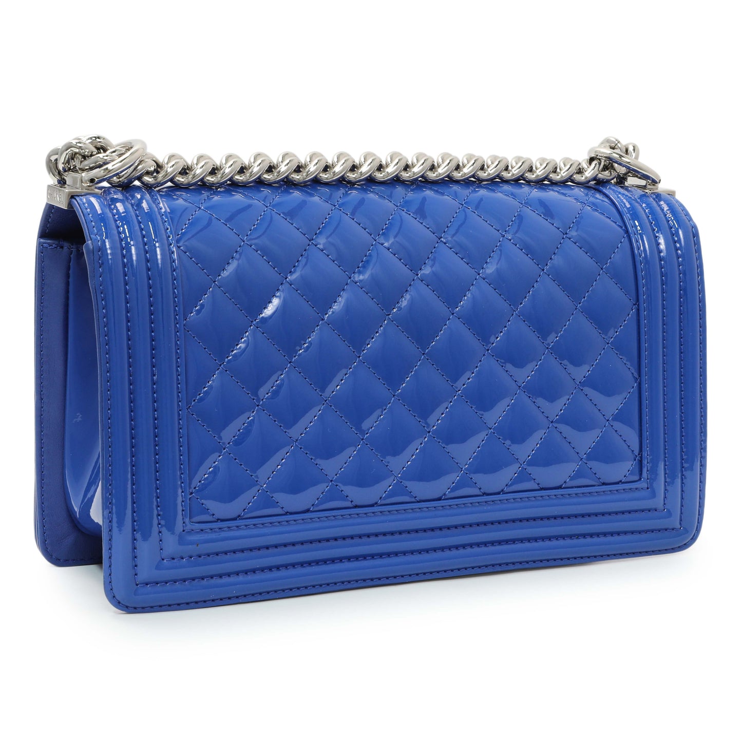 Exclusive Chanel Blue Quilted Patent Medium Plexiglass Boy Flap — Side View