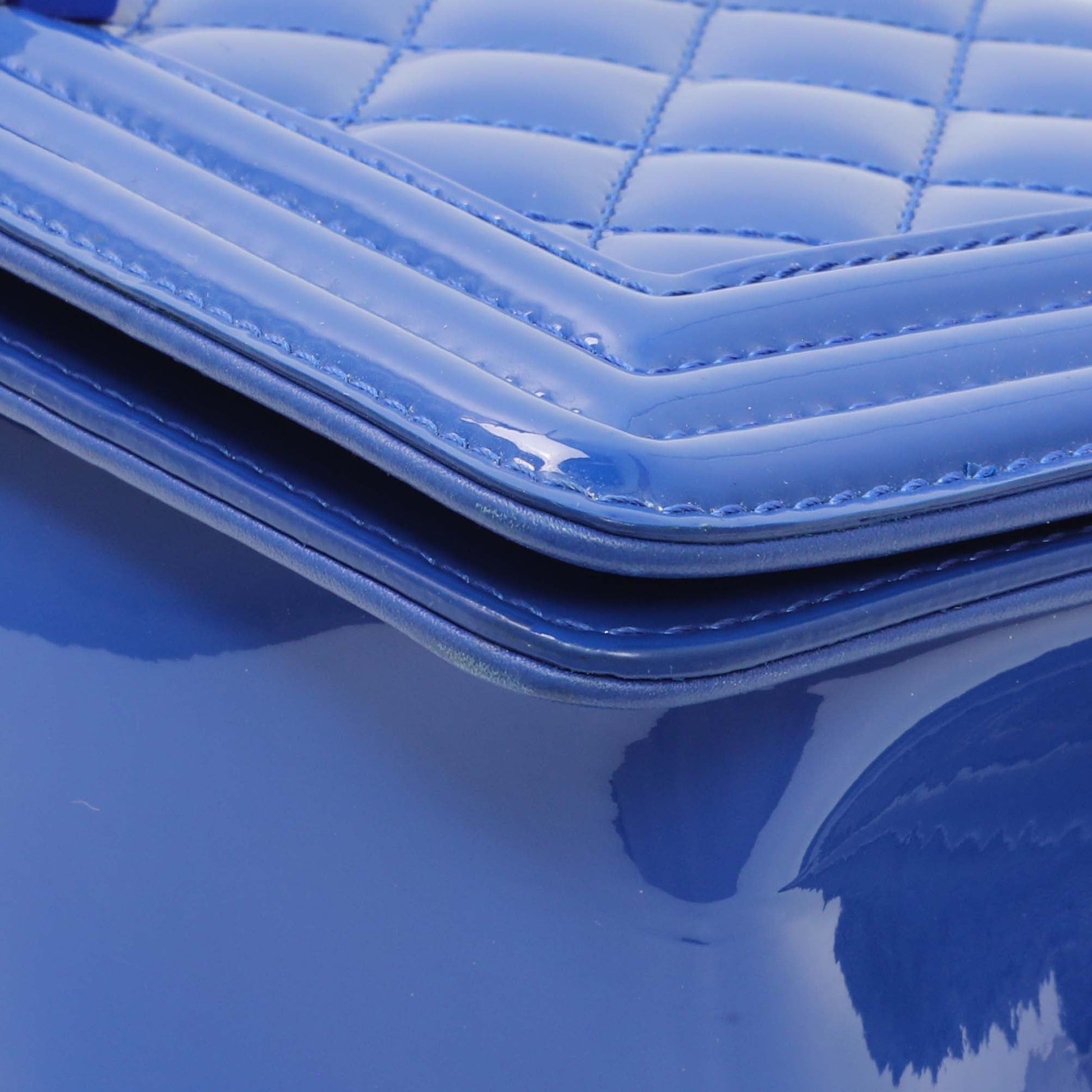 Exclusive Chanel Blue Quilted Patent Medium Plexiglass Boy Flap — Detail View