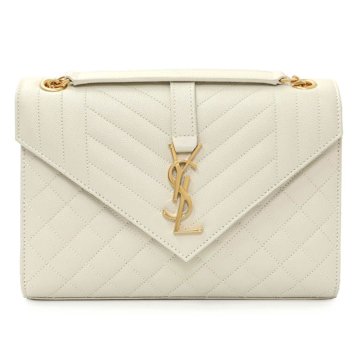 Exclusive Saint Laurent Crema Grain De Poudre Matelasse Chevron Medium Triquilt Monogram Satchel — Front View